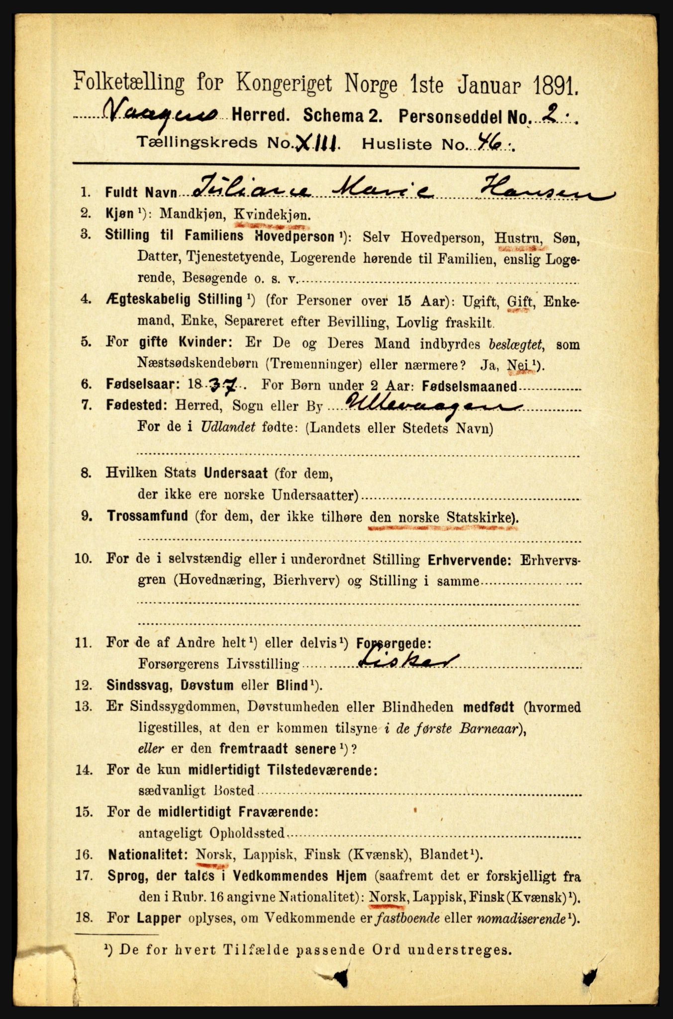 RA, 1891 census for 1865 Vågan, 1891, p. 3602