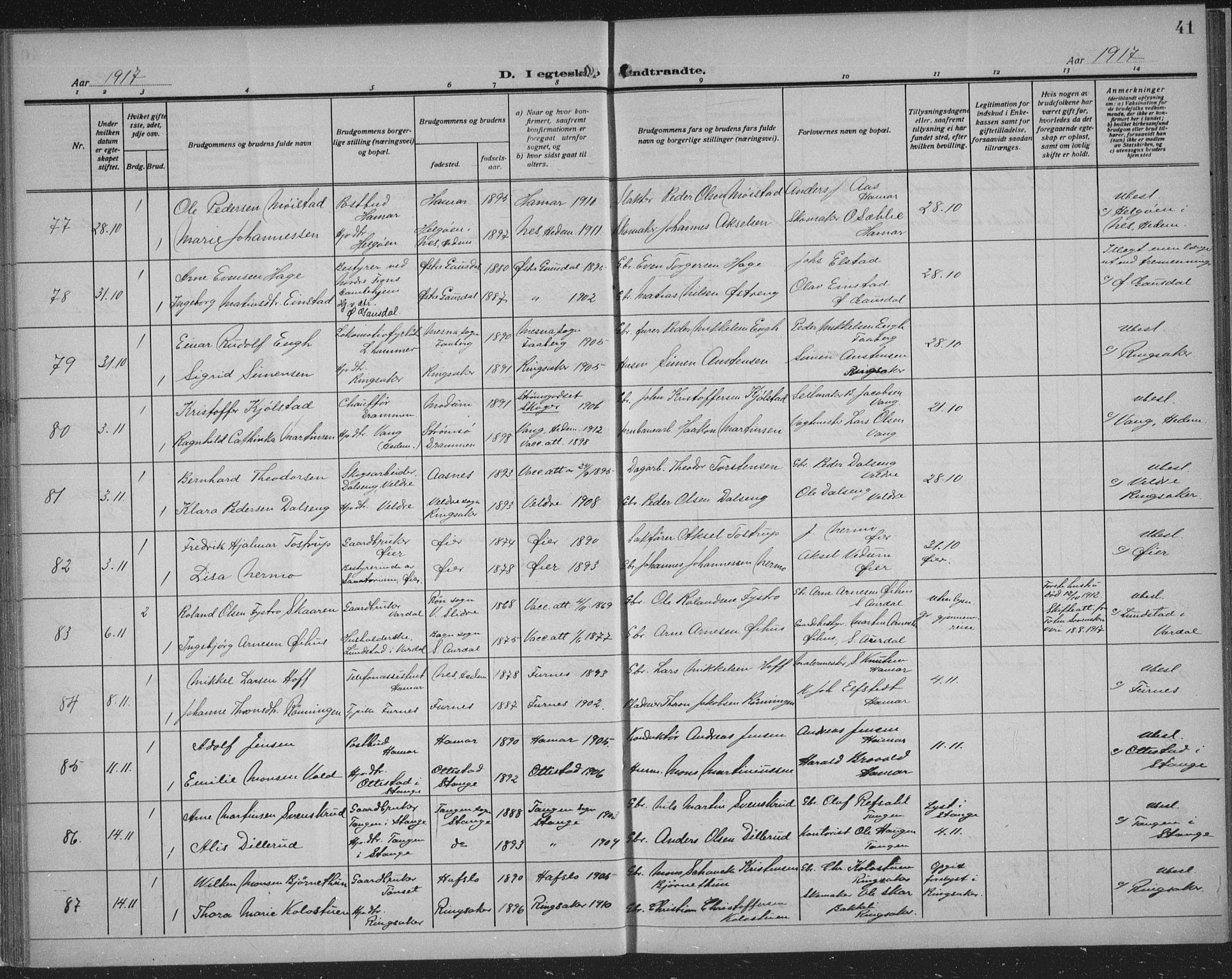 Hamar prestekontor, SAH/DOMPH-002/H/Ha/Haa/L0003: Parish register (official) no. 3, 1913-1930, p. 41