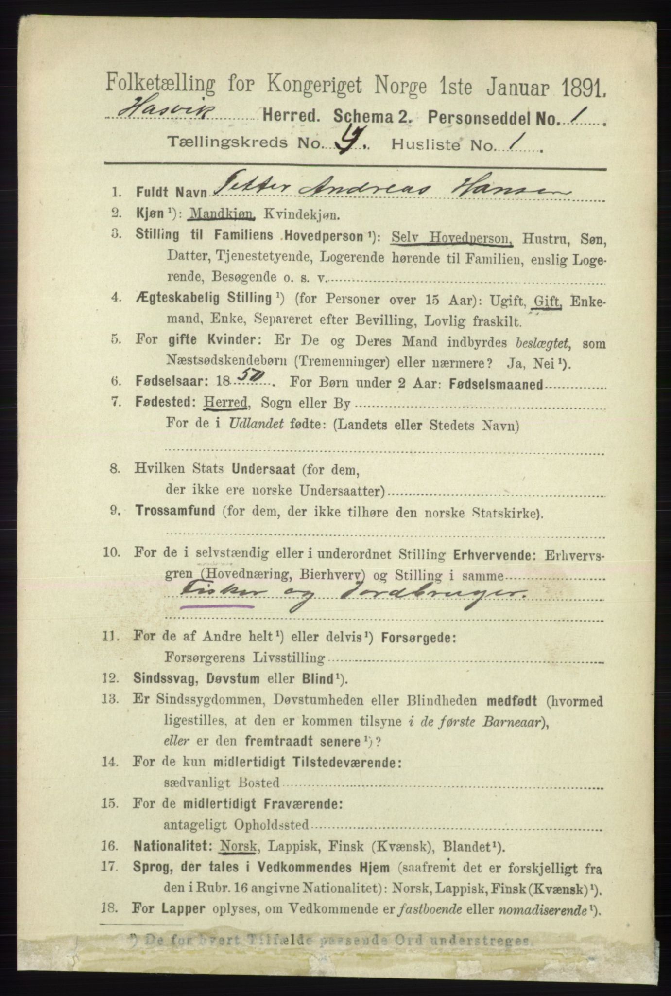 RA, 1891 census for 2015 Hasvik, 1891, p. 489