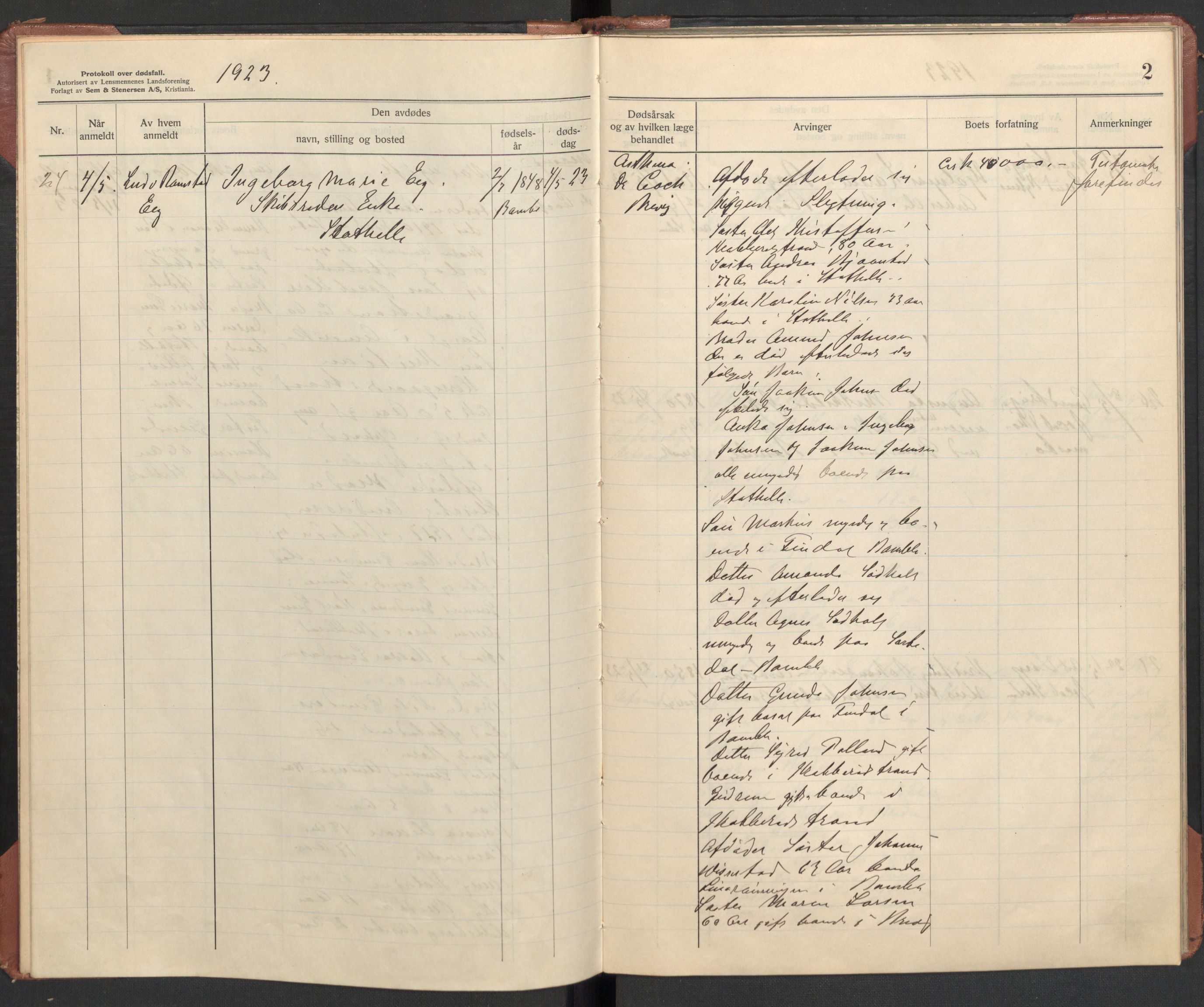 Bamble lensmannskontor, AV/SAKO-A-552/H/Ha/Haa/L0004: Dødsfallsprotokoll, 1923-1926, p. 2