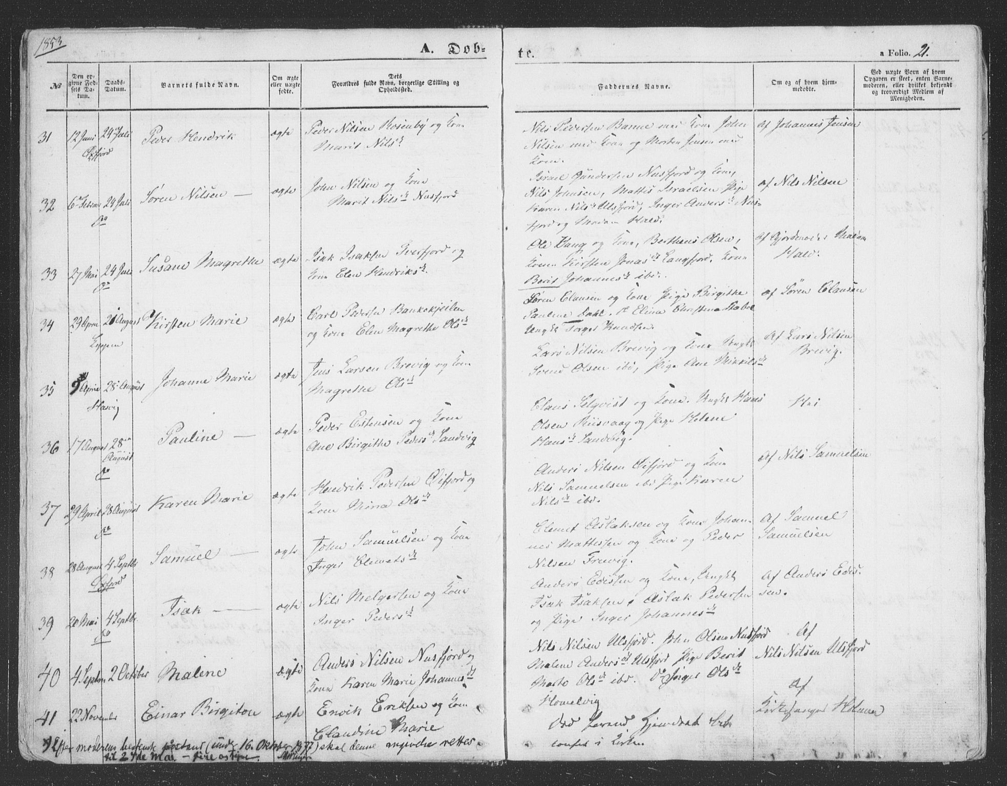 Loppa sokneprestkontor, SATØ/S-1339/H/Ha/L0004kirke: Parish register (official) no. 4, 1849-1868, p. 21