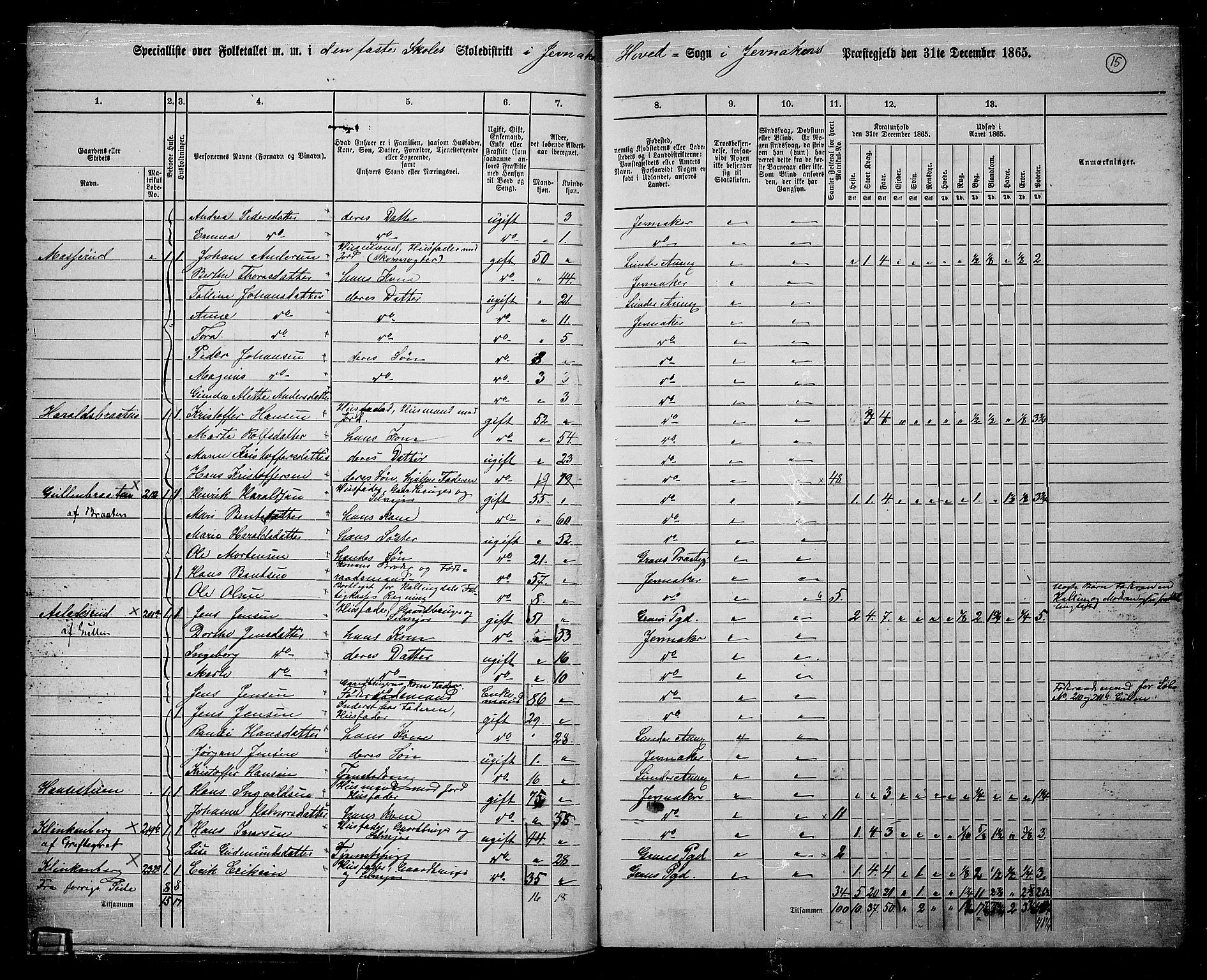 RA, 1865 census for Jevnaker, 1865, p. 14