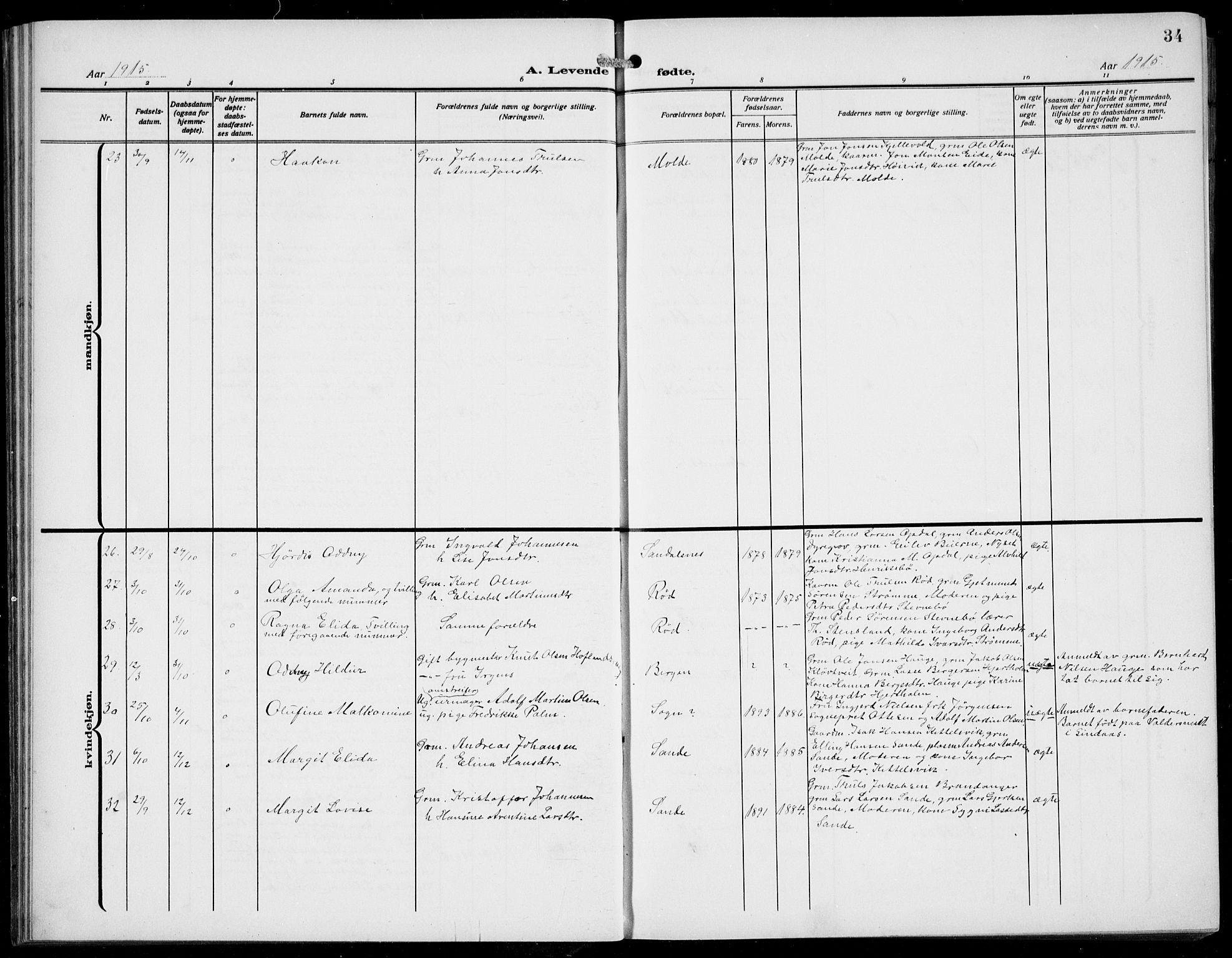 Gulen sokneprestembete, AV/SAB-A-80201/H/Hab/Habb/L0004: Parish register (copy) no. B 4, 1908-1936, p. 34