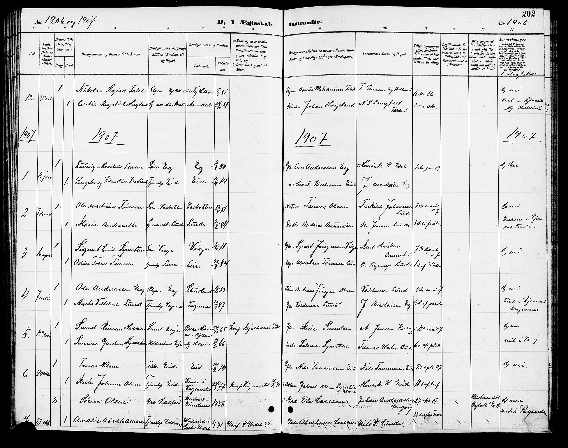 Søgne sokneprestkontor, AV/SAK-1111-0037/F/Fb/Fbb/L0006: Parish register (copy) no. B 6, 1892-1911, p. 202