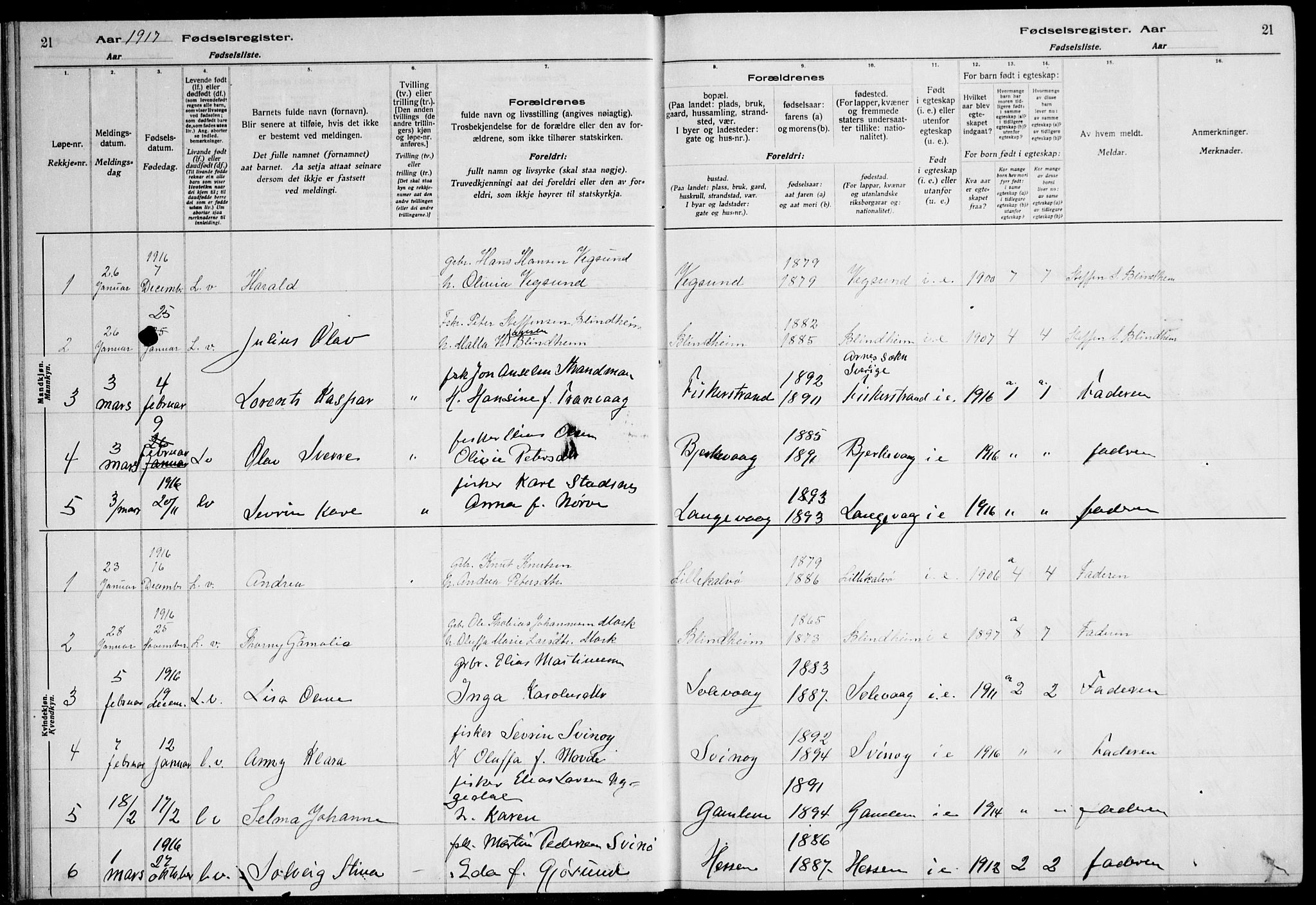 Ministerialprotokoller, klokkerbøker og fødselsregistre - Møre og Romsdal, AV/SAT-A-1454/528/L0442: Birth register no. 528.II.4.1, 1916-1924, p. 21