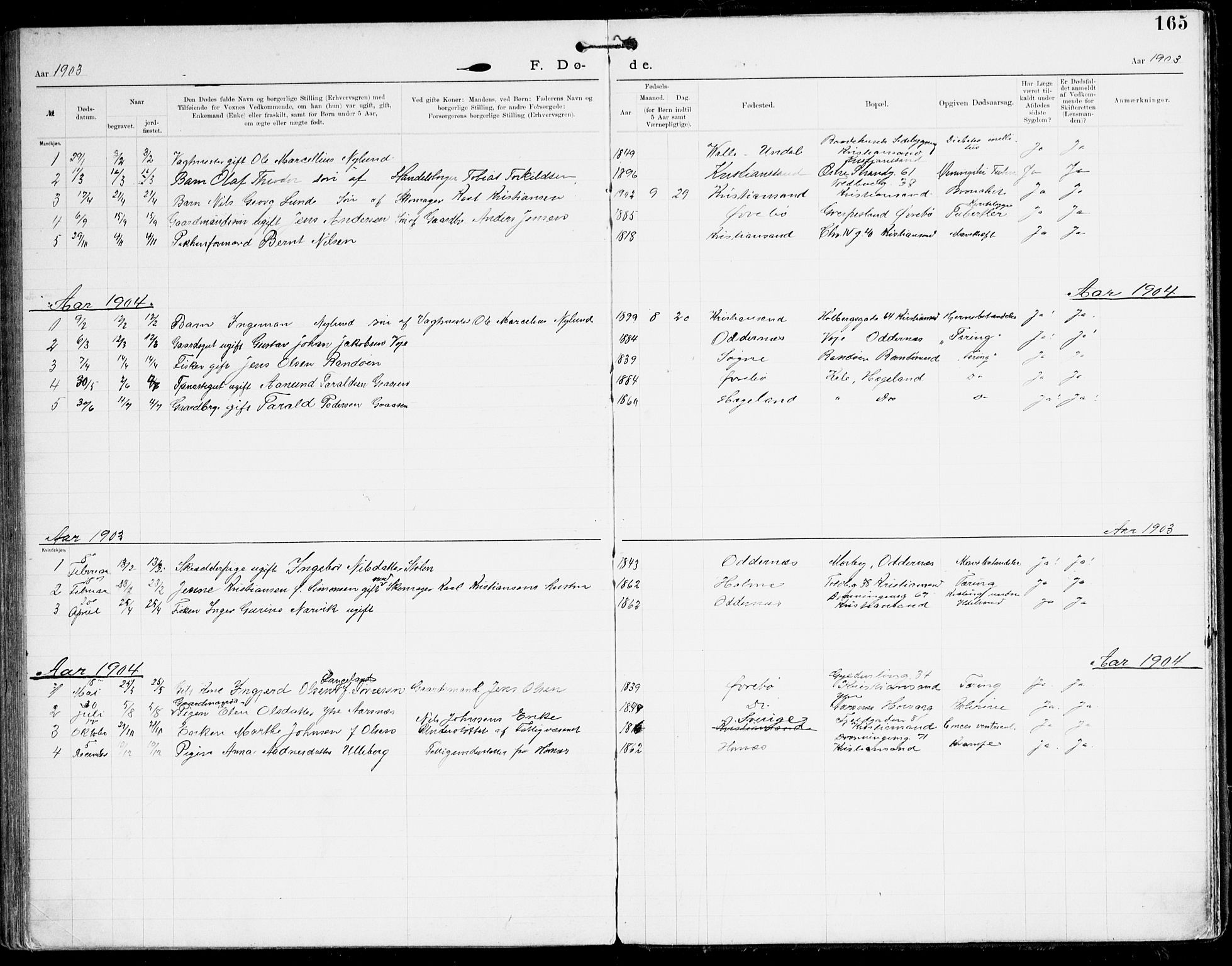 Den evangelisk-lutherske frikirke, Kristiansand, SAK/1292-0017/F/Fa/L0003: Dissenter register no. F 11, 1892-1925, p. 165