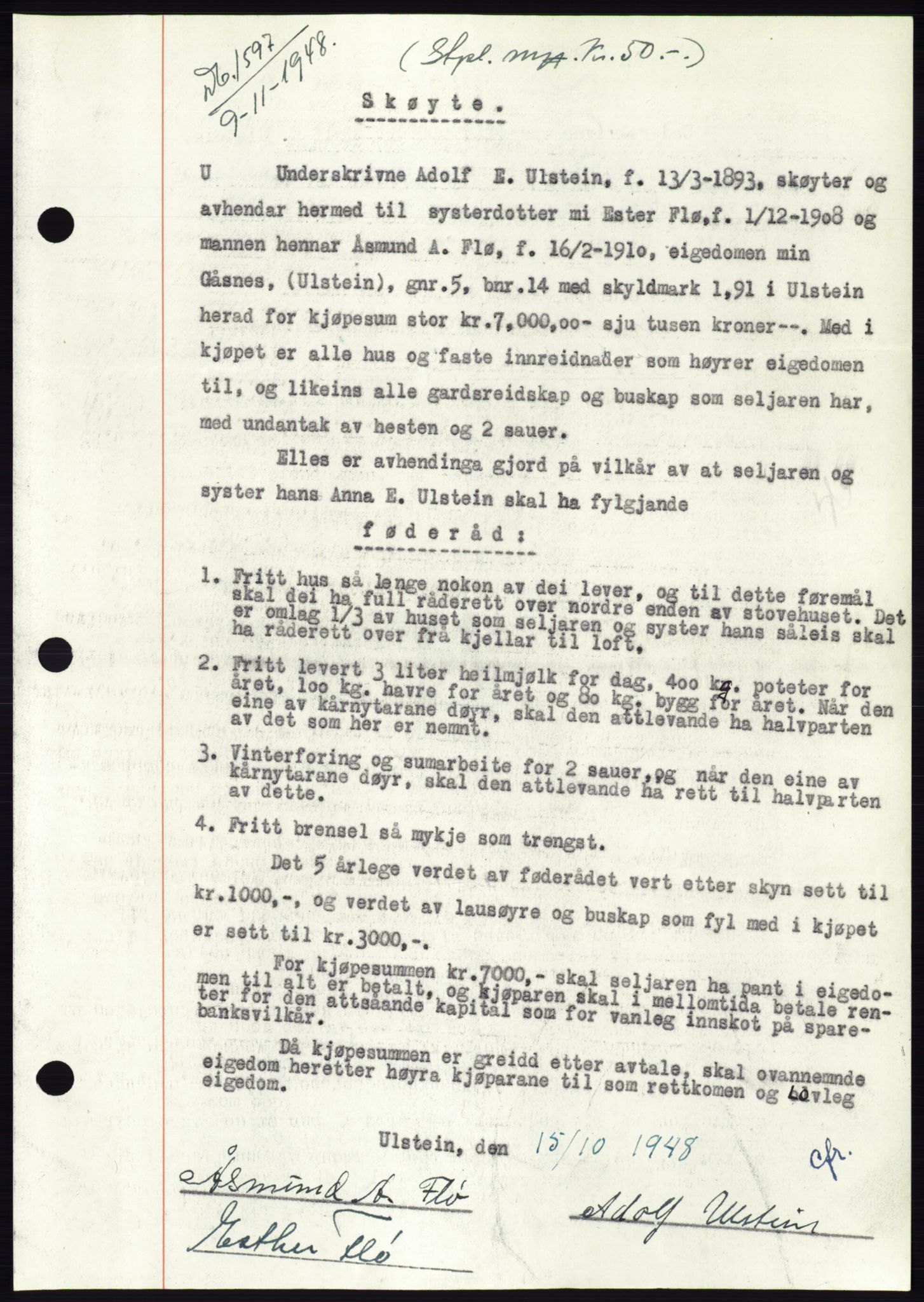 Søre Sunnmøre sorenskriveri, AV/SAT-A-4122/1/2/2C/L0083: Mortgage book no. 9A, 1948-1949, Diary no: : 1597/1948