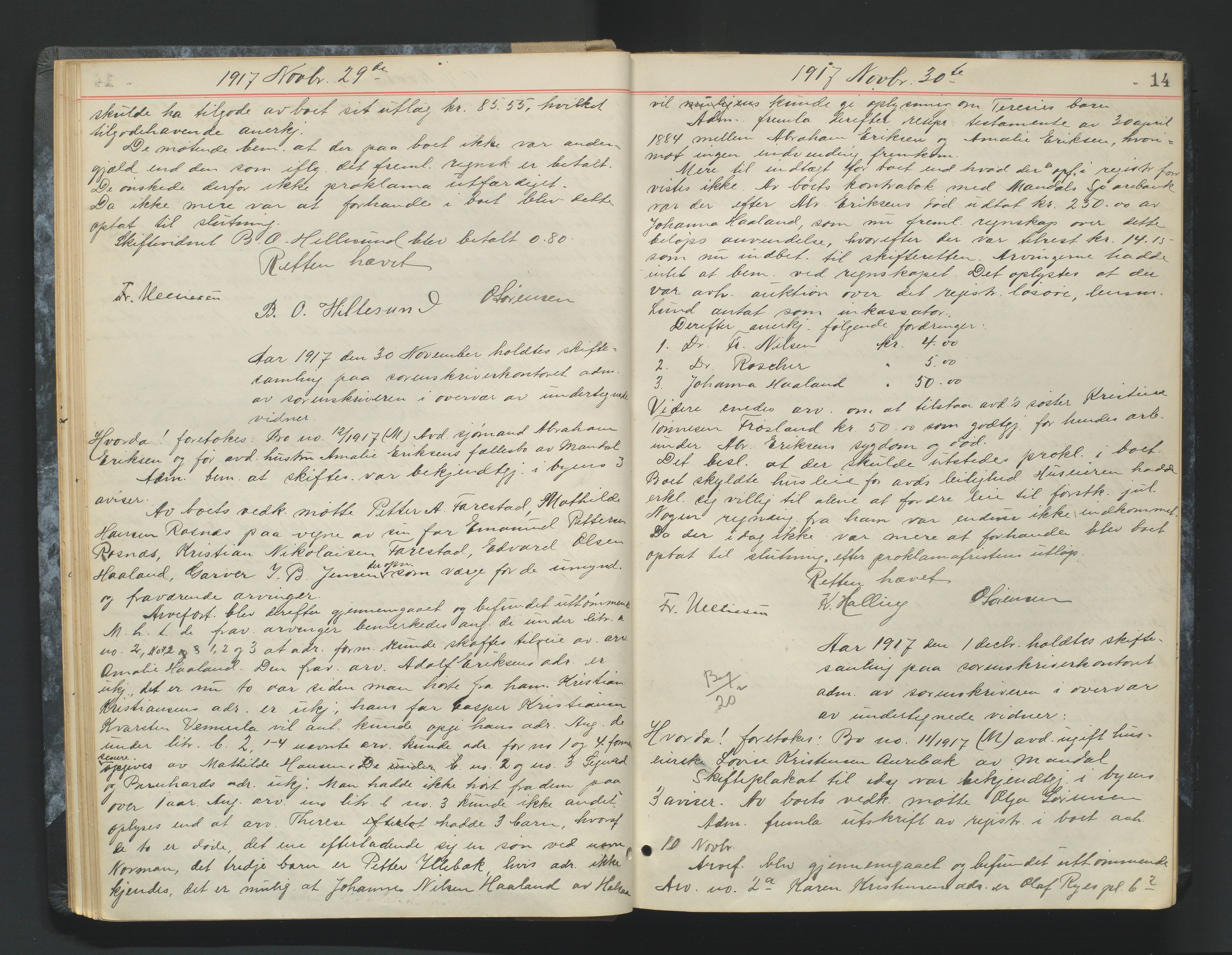 Mandal sorenskriveri, AV/SAK-1221-0005/001/H/Hc/L0083: Skifteforhandlingsprotokoll nr 15, 1917-1921, p. 14