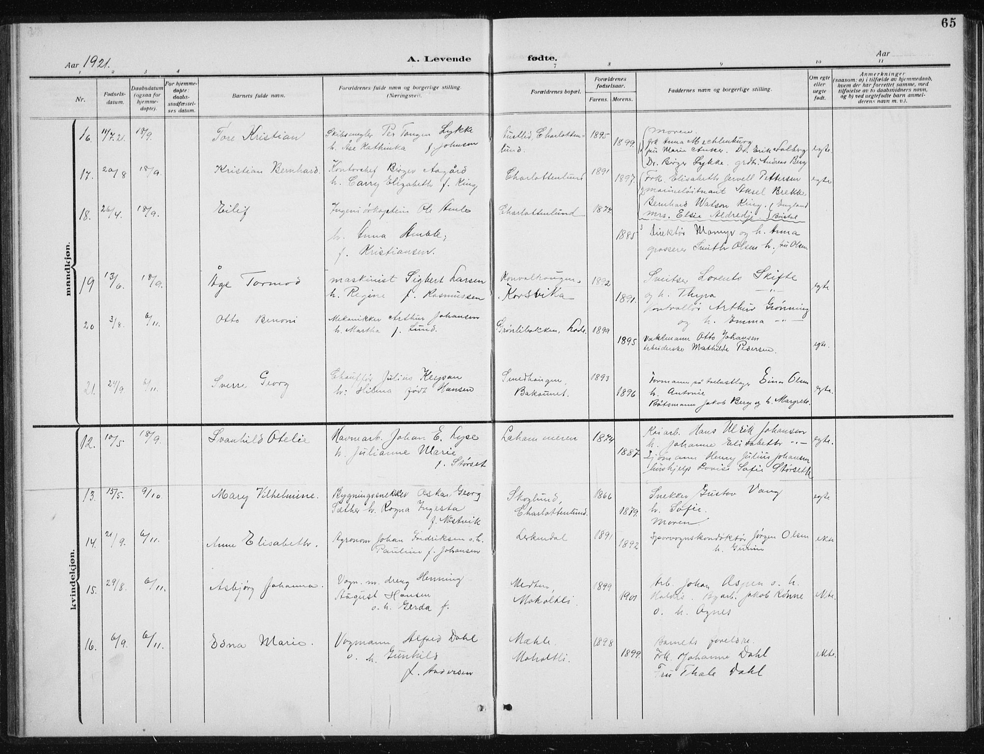 Ministerialprotokoller, klokkerbøker og fødselsregistre - Sør-Trøndelag, SAT/A-1456/606/L0314: Parish register (copy) no. 606C10, 1911-1937, p. 65