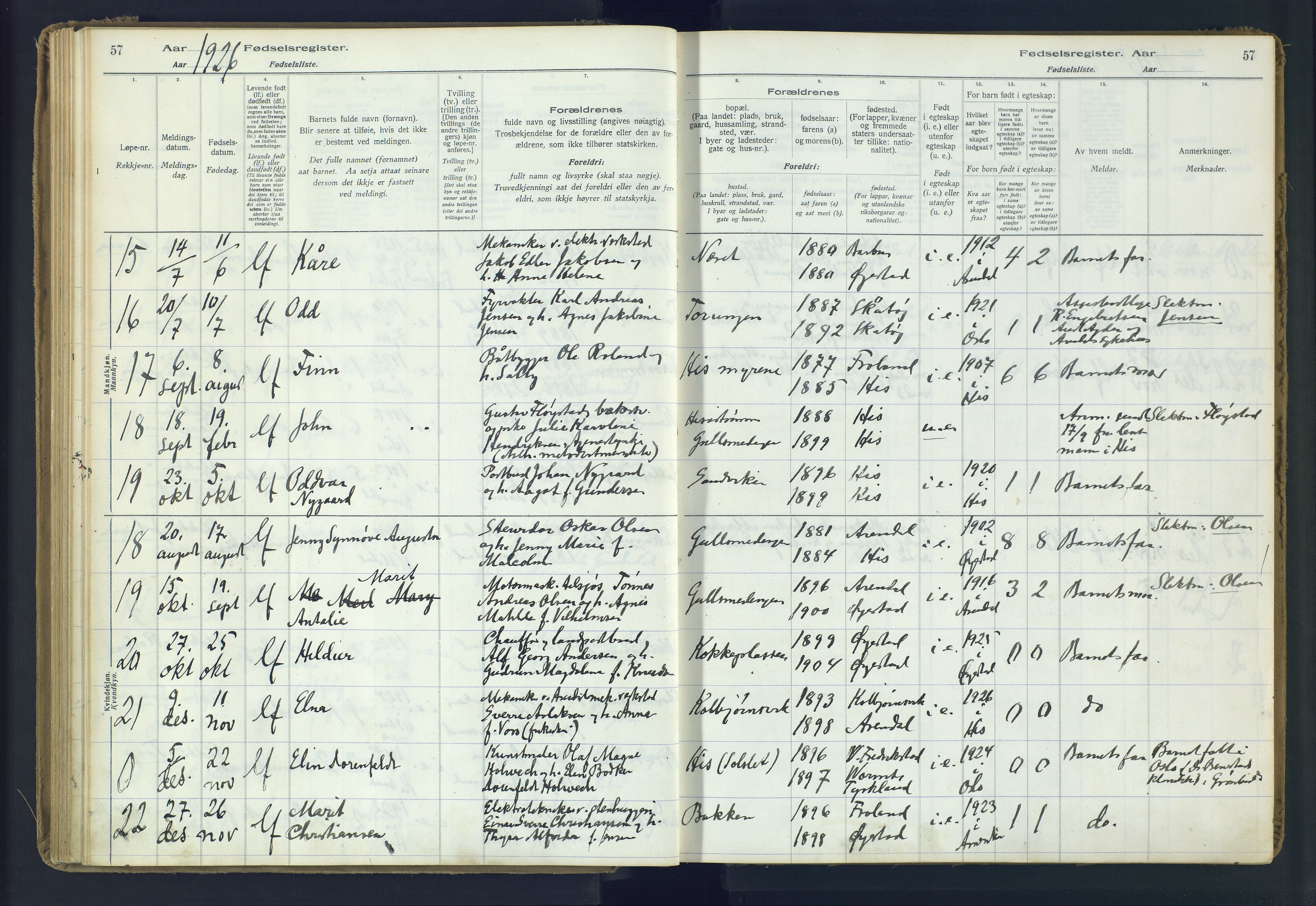 Hisøy sokneprestkontor, SAK/1111-0020/J/Ja/L0001: Birth register no. A-VI-14, 1916-1951, p. 57