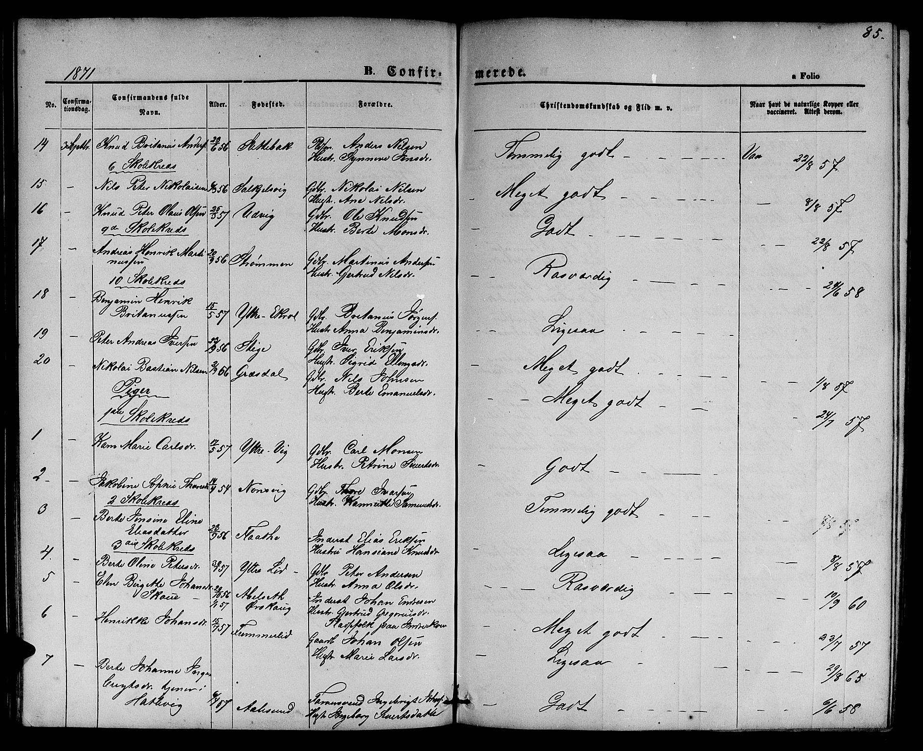Ministerialprotokoller, klokkerbøker og fødselsregistre - Møre og Romsdal, SAT/A-1454/524/L0364: Parish register (copy) no. 524C05, 1865-1879, p. 85