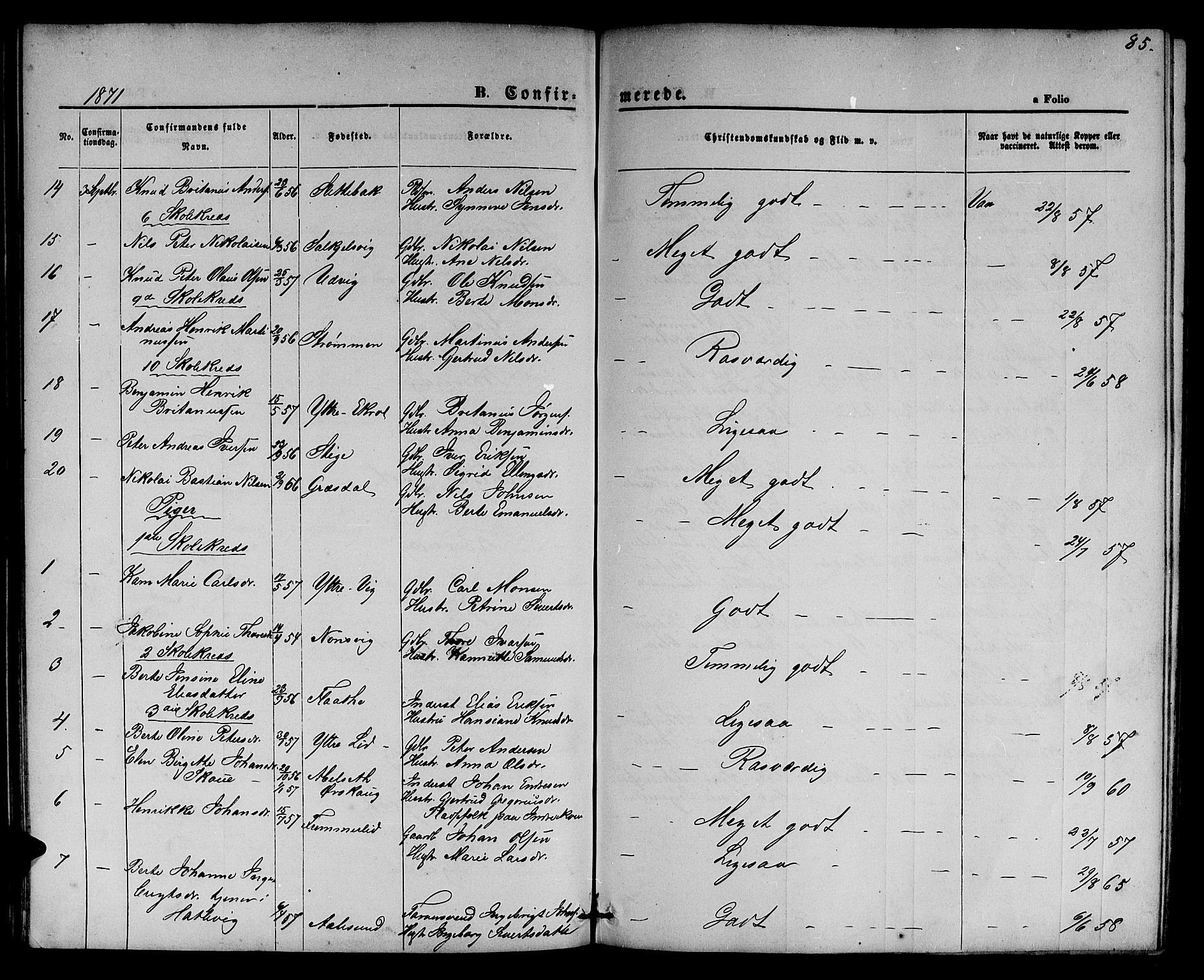 Ministerialprotokoller, klokkerbøker og fødselsregistre - Møre og Romsdal, AV/SAT-A-1454/524/L0364: Parish register (copy) no. 524C05, 1865-1879, p. 85