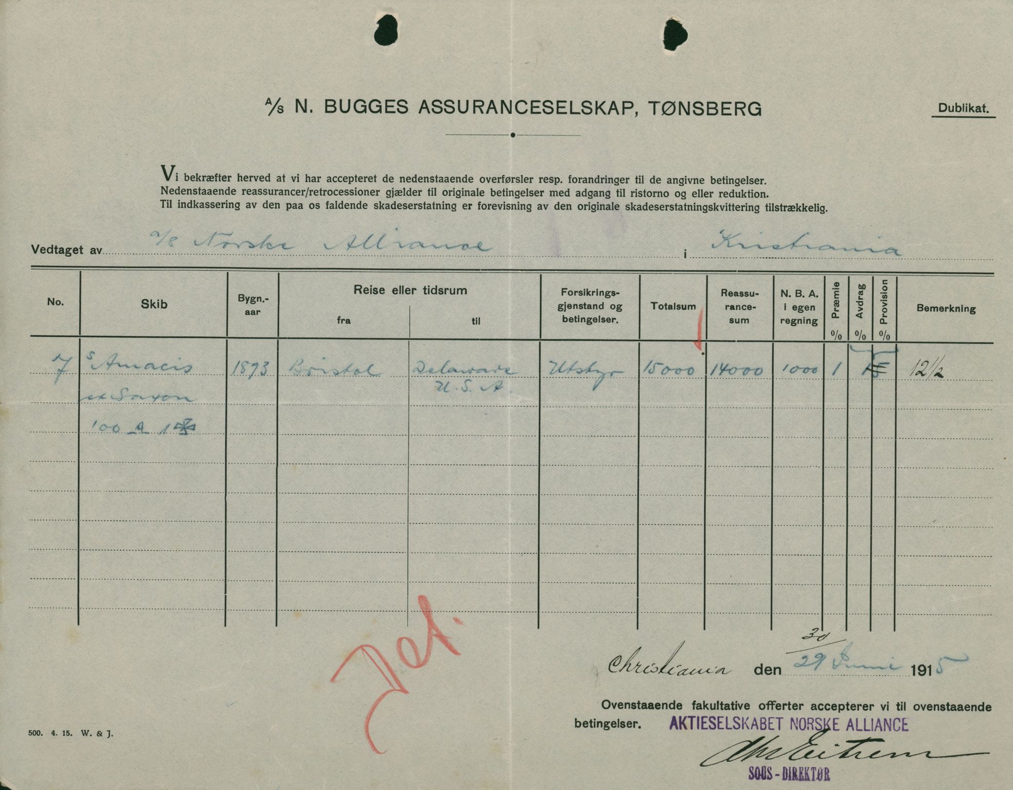 Pa 664 - Tønsberg Sjøforsikringsselskap, VEMU/A-1773/F/L0001: Forsikringspoliser, 1915-1918