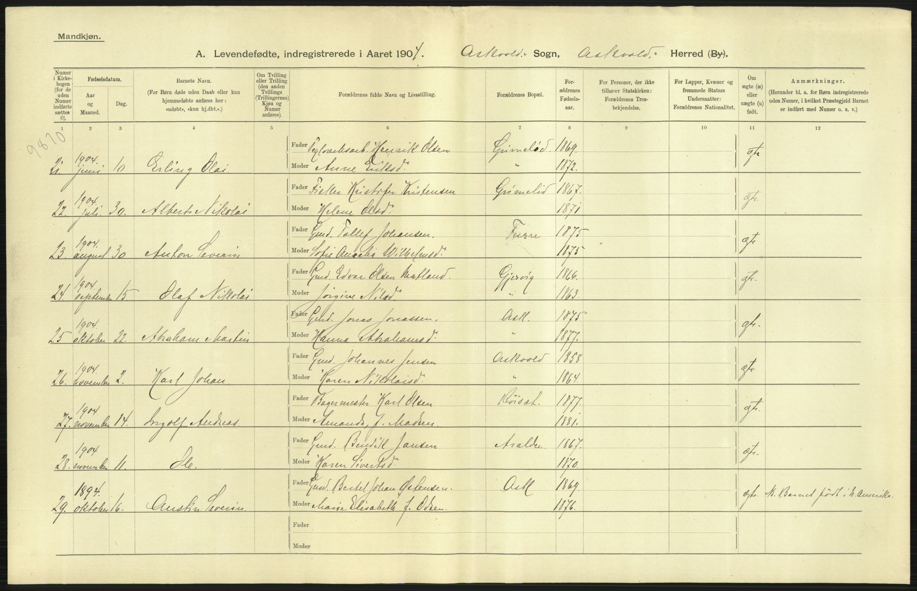 Statistisk sentralbyrå, Sosiodemografiske emner, Befolkning, RA/S-2228/D/Df/Dfa/Dfab/L0015: Nordre Bergenhus amt: Fødte, gifte, døde. Bygder, 1904, p. 27