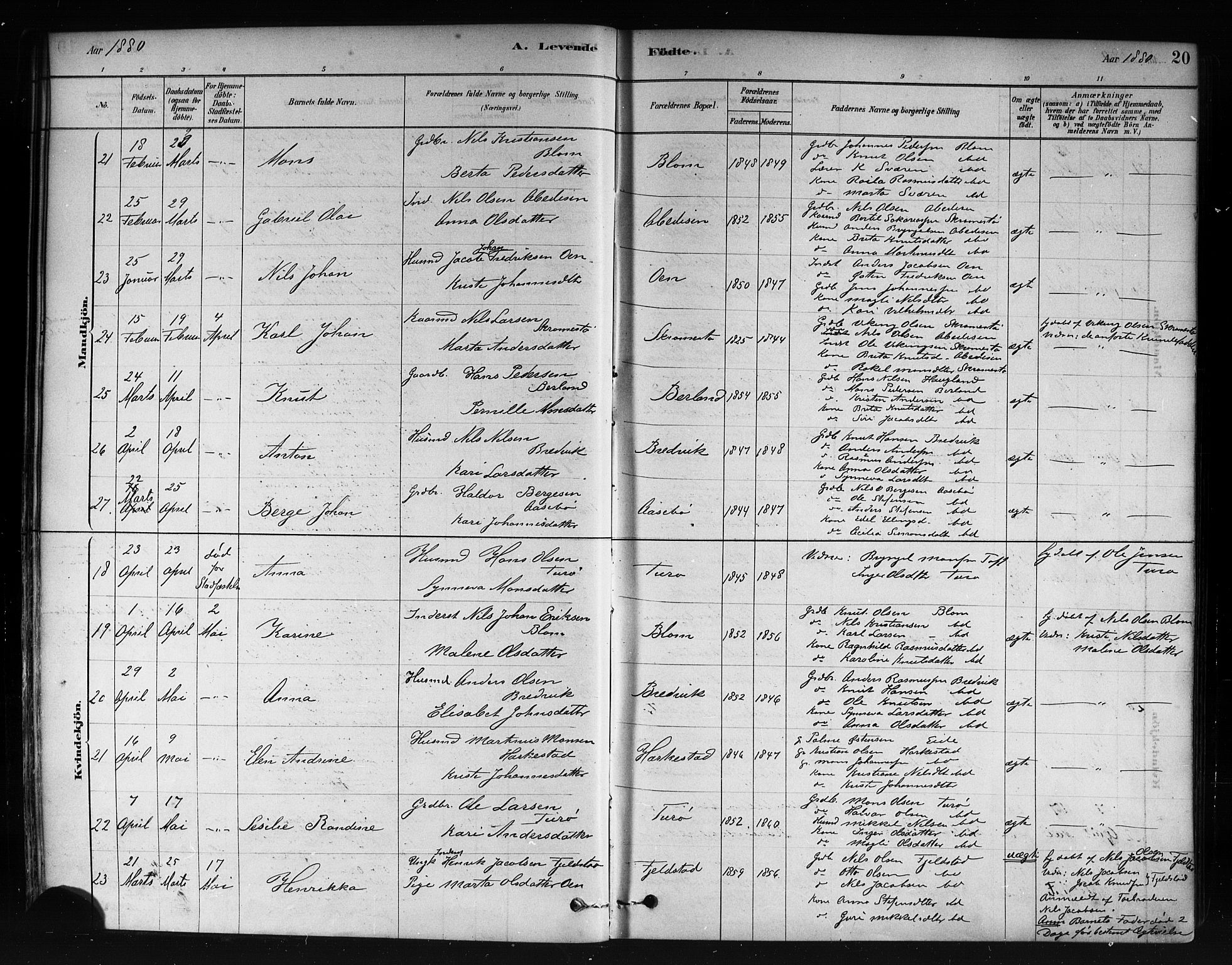 Herdla Sokneprestembete, AV/SAB-A-75701/H/Haa: Parish register (official) no. A 3, 1878-1890, p. 20