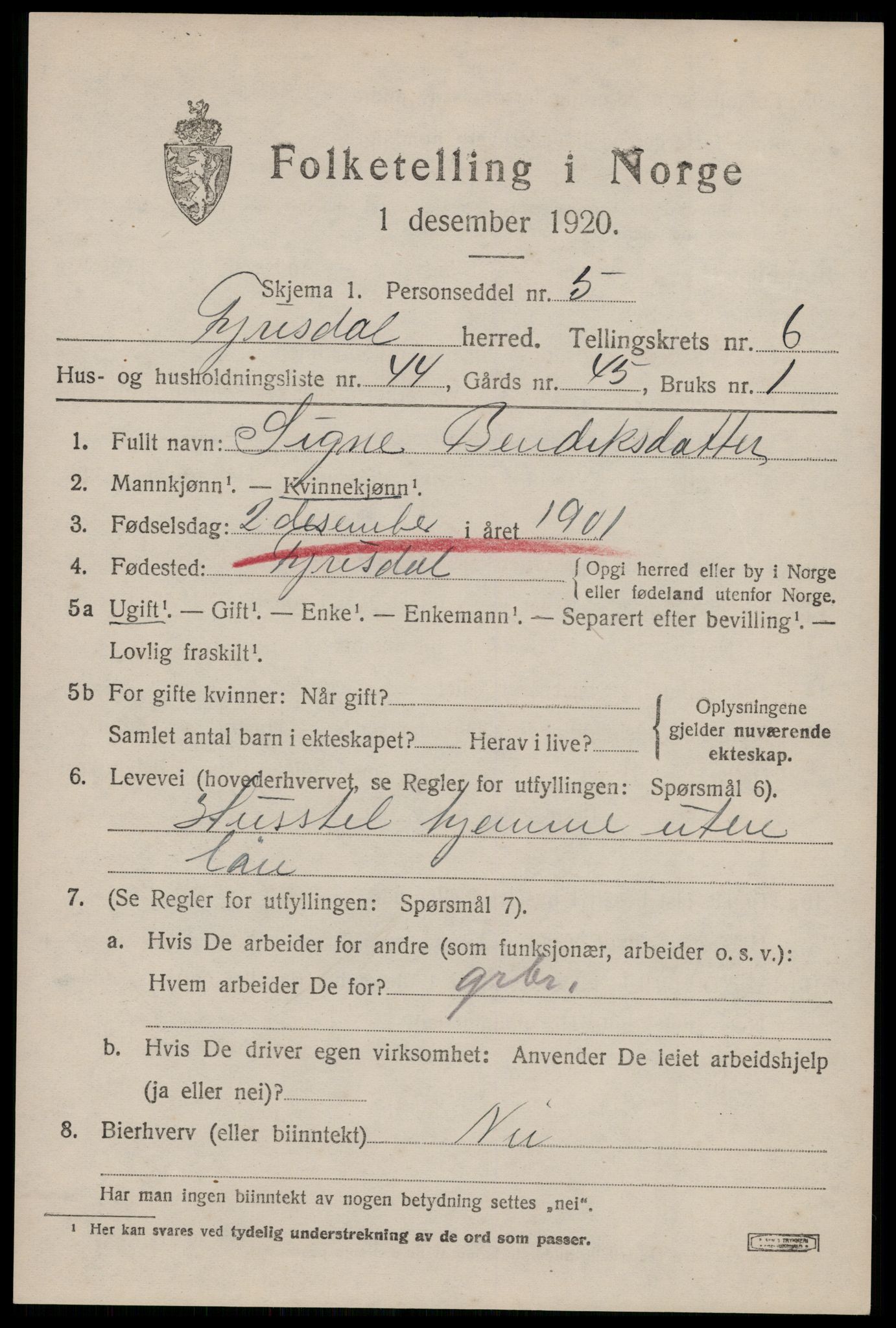 SAKO, 1920 census for Fyresdal, 1920, p. 2659