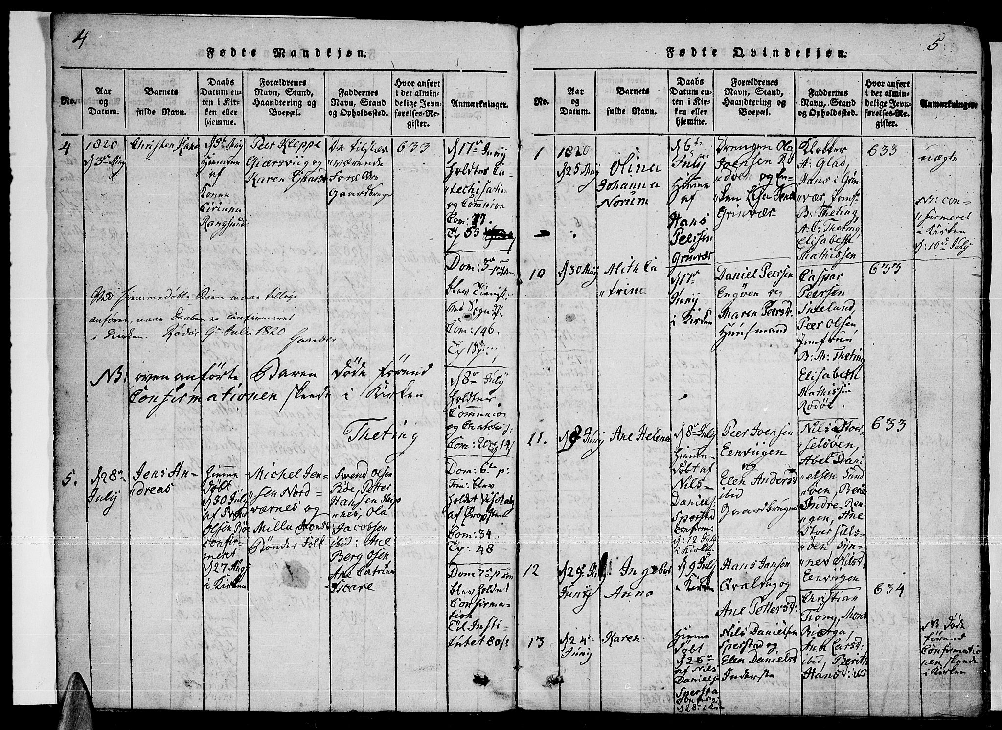 Ministerialprotokoller, klokkerbøker og fødselsregistre - Nordland, AV/SAT-A-1459/841/L0593: Parish register (official) no. 841A04 /1, 1820-1825, p. 4-5