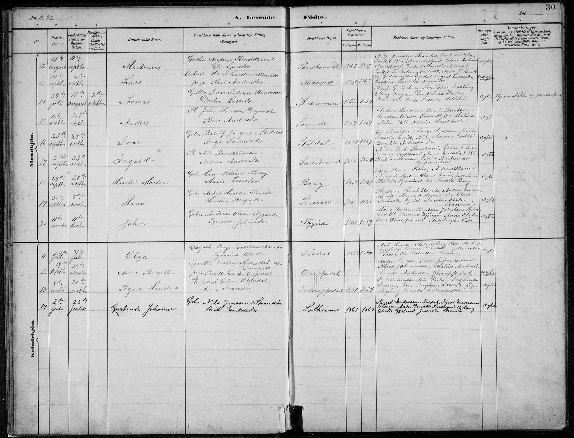 Lavik sokneprestembete, SAB/A-80901: Parish register (copy) no. A 2, 1882-1910, p. 30