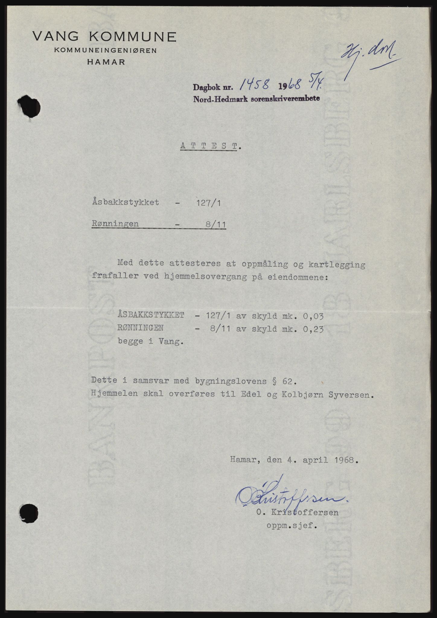 Nord-Hedmark sorenskriveri, SAH/TING-012/H/Hc/L0027: Mortgage book no. 27, 1967-1968, Diary no: : 1458/1968