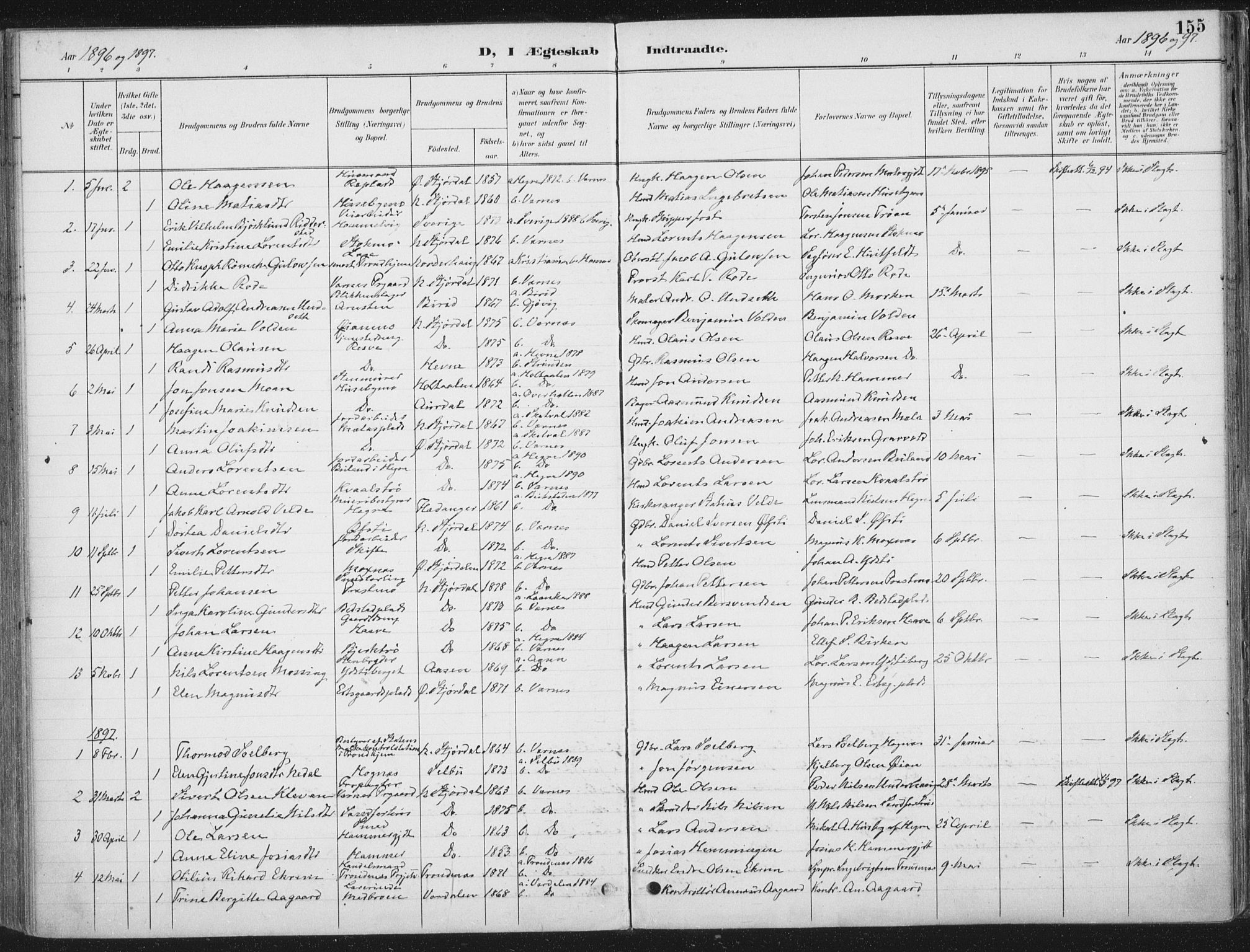 Ministerialprotokoller, klokkerbøker og fødselsregistre - Nord-Trøndelag, SAT/A-1458/709/L0082: Parish register (official) no. 709A22, 1896-1916, p. 155