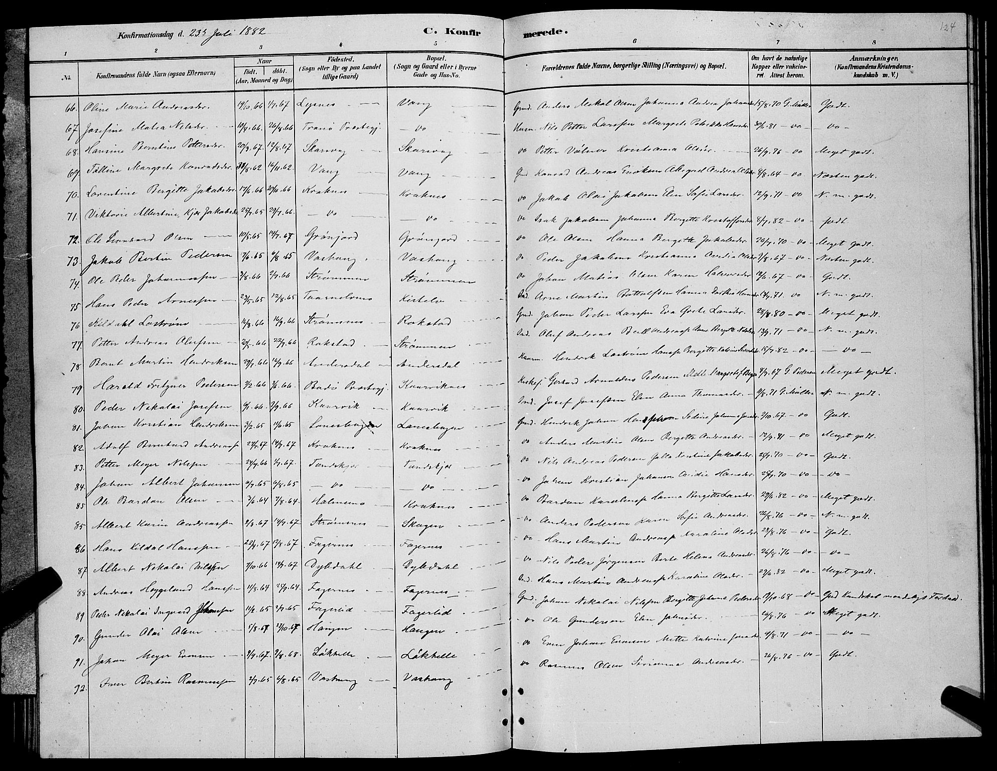 Lenvik sokneprestembete, AV/SATØ-S-1310/H/Ha/Hab/L0006klokker: Parish register (copy) no. 6, 1881-1889, p. 124