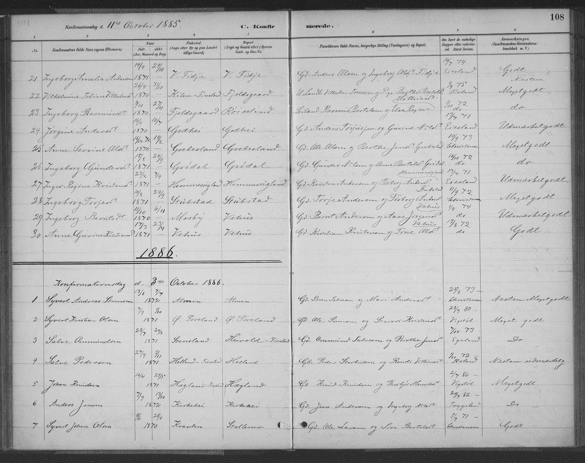 Vennesla sokneprestkontor, SAK/1111-0045/Fa/Fac/L0009: Parish register (official) no. A 9, 1884-1901, p. 108