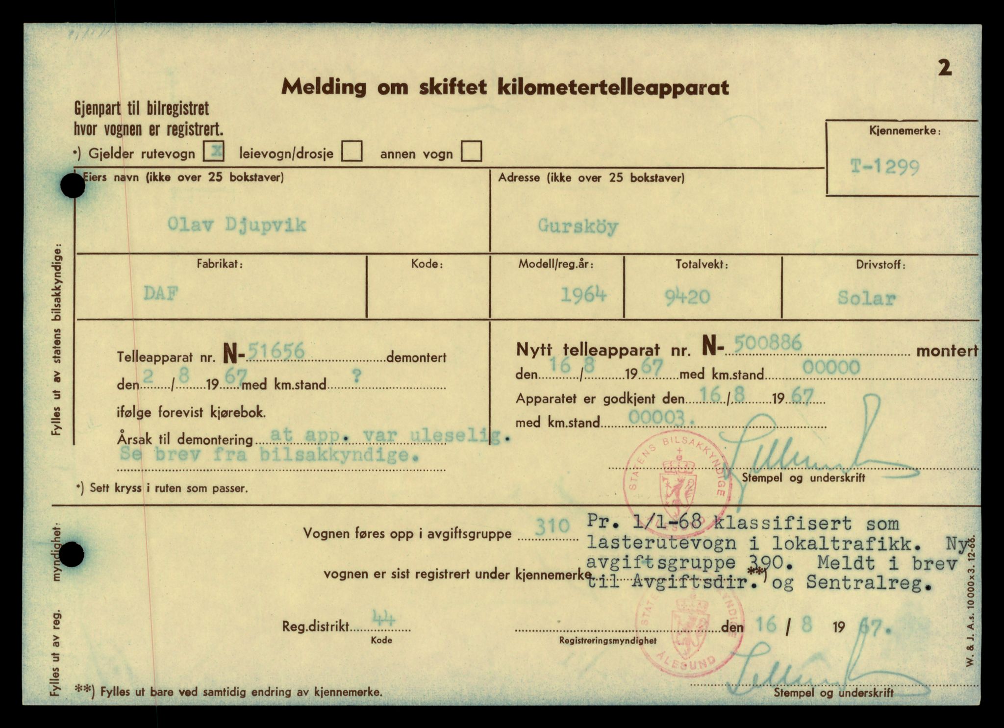 Møre og Romsdal vegkontor - Ålesund trafikkstasjon, SAT/A-4099/F/Fe/L0012: Registreringskort for kjøretøy T 1290 - T 1450, 1927-1998, p. 169