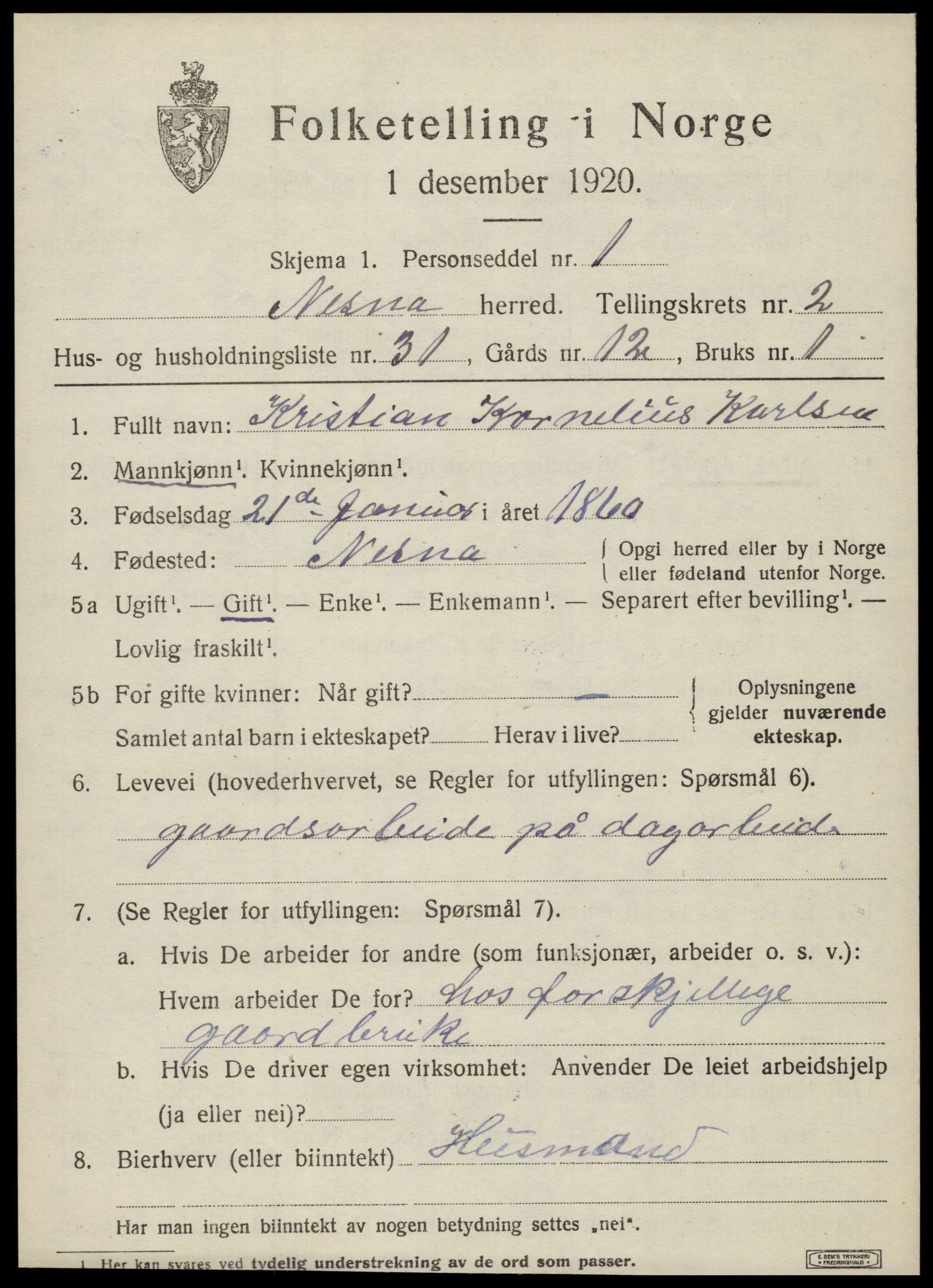 SAT, 1920 census for Nesna, 1920, p. 2075