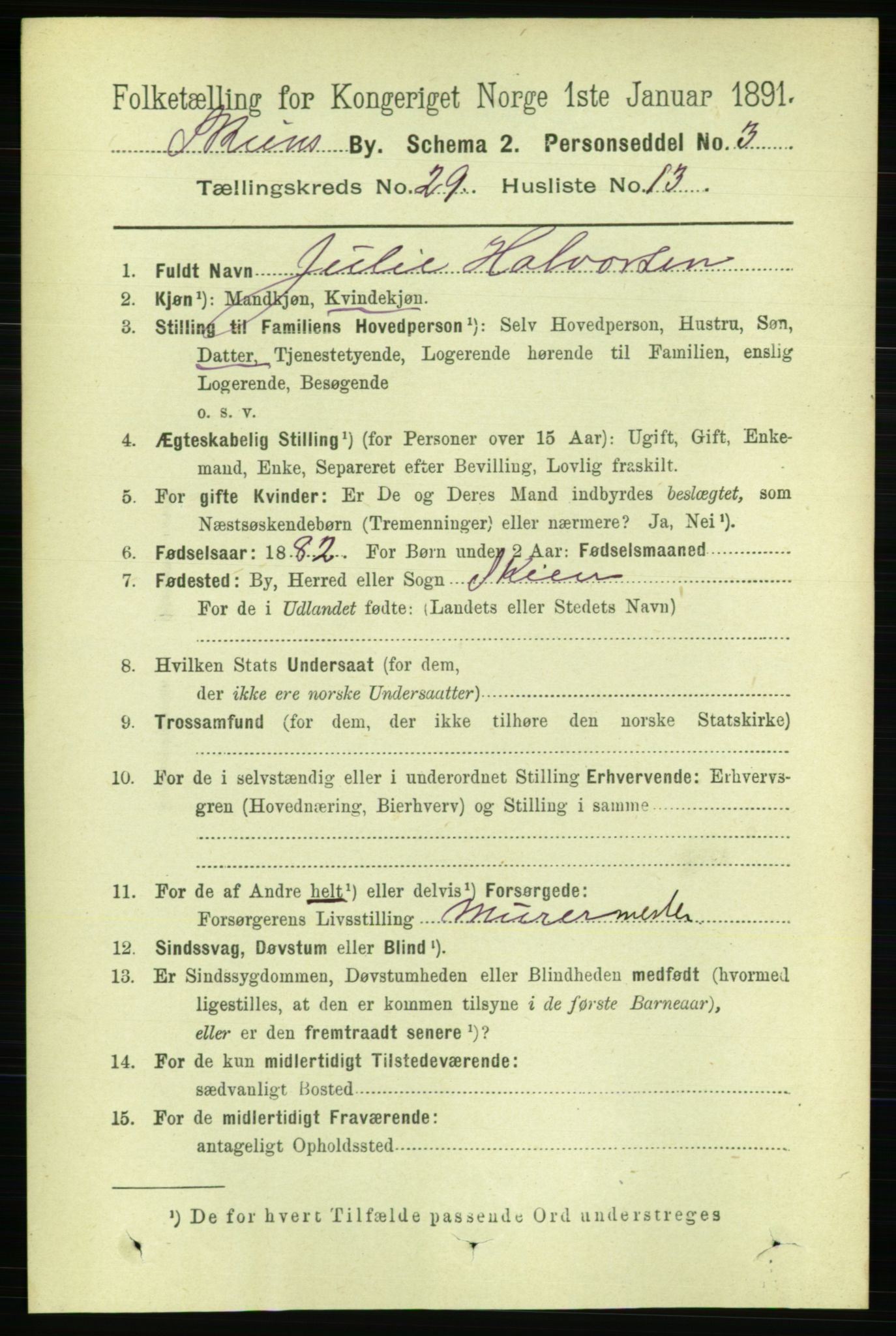 RA, 1891 census for 0806 Skien, 1891, p. 6805