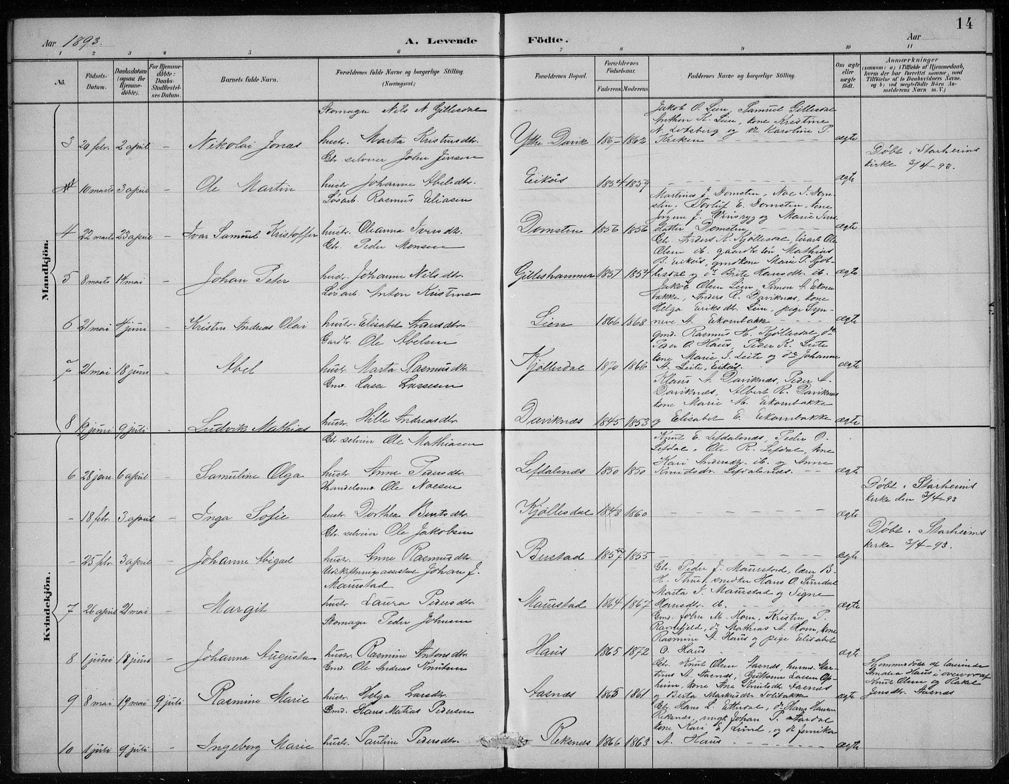 Davik sokneprestembete, AV/SAB-A-79701/H/Hab/Haba/L0002: Parish register (copy) no. A 2, 1890-1911, p. 14