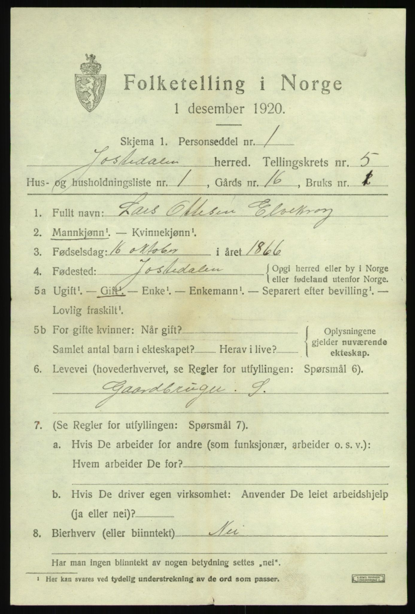 SAB, 1920 census for Jostedal, 1920, p. 1904