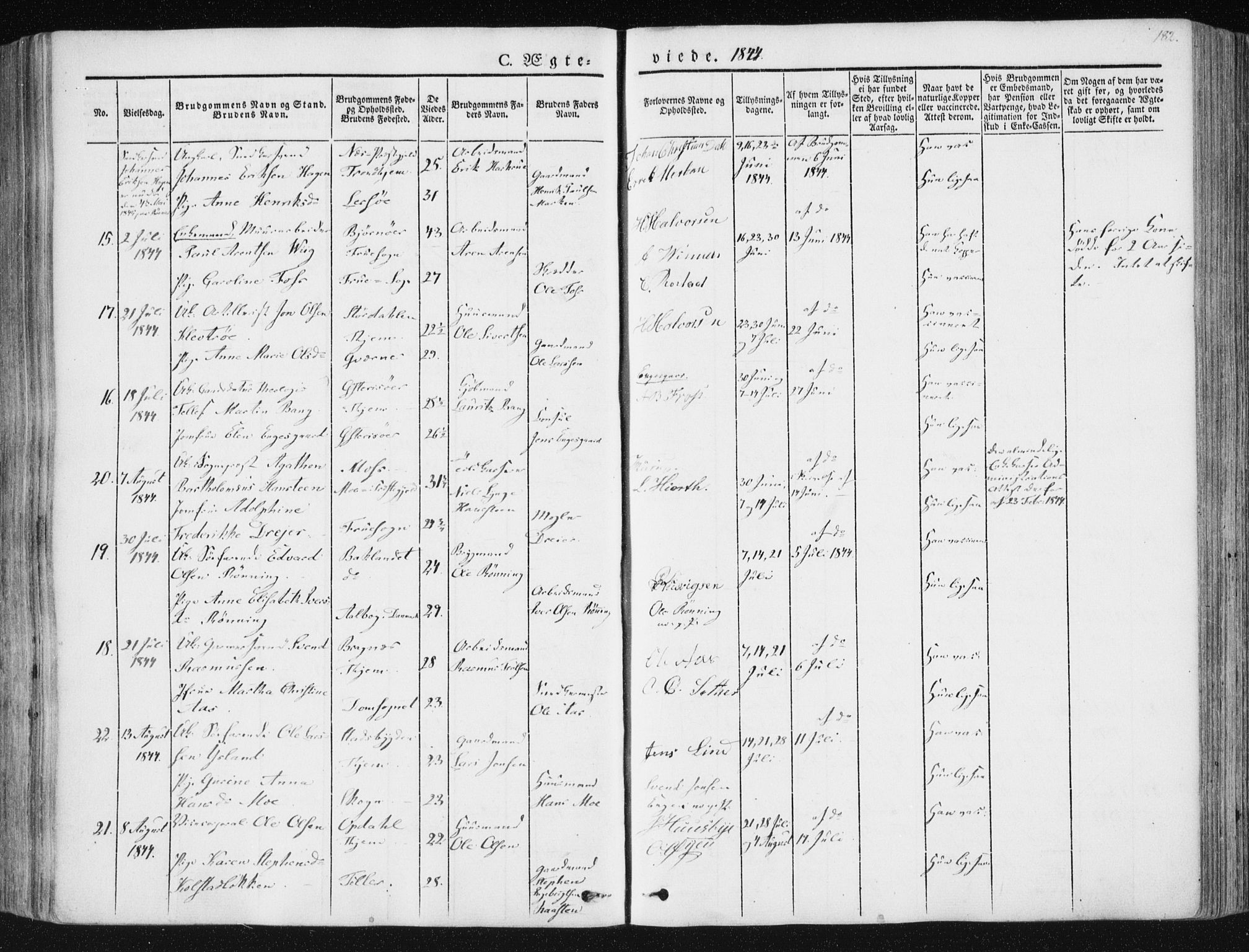 Ministerialprotokoller, klokkerbøker og fødselsregistre - Sør-Trøndelag, AV/SAT-A-1456/602/L0110: Parish register (official) no. 602A08, 1840-1854, p. 182