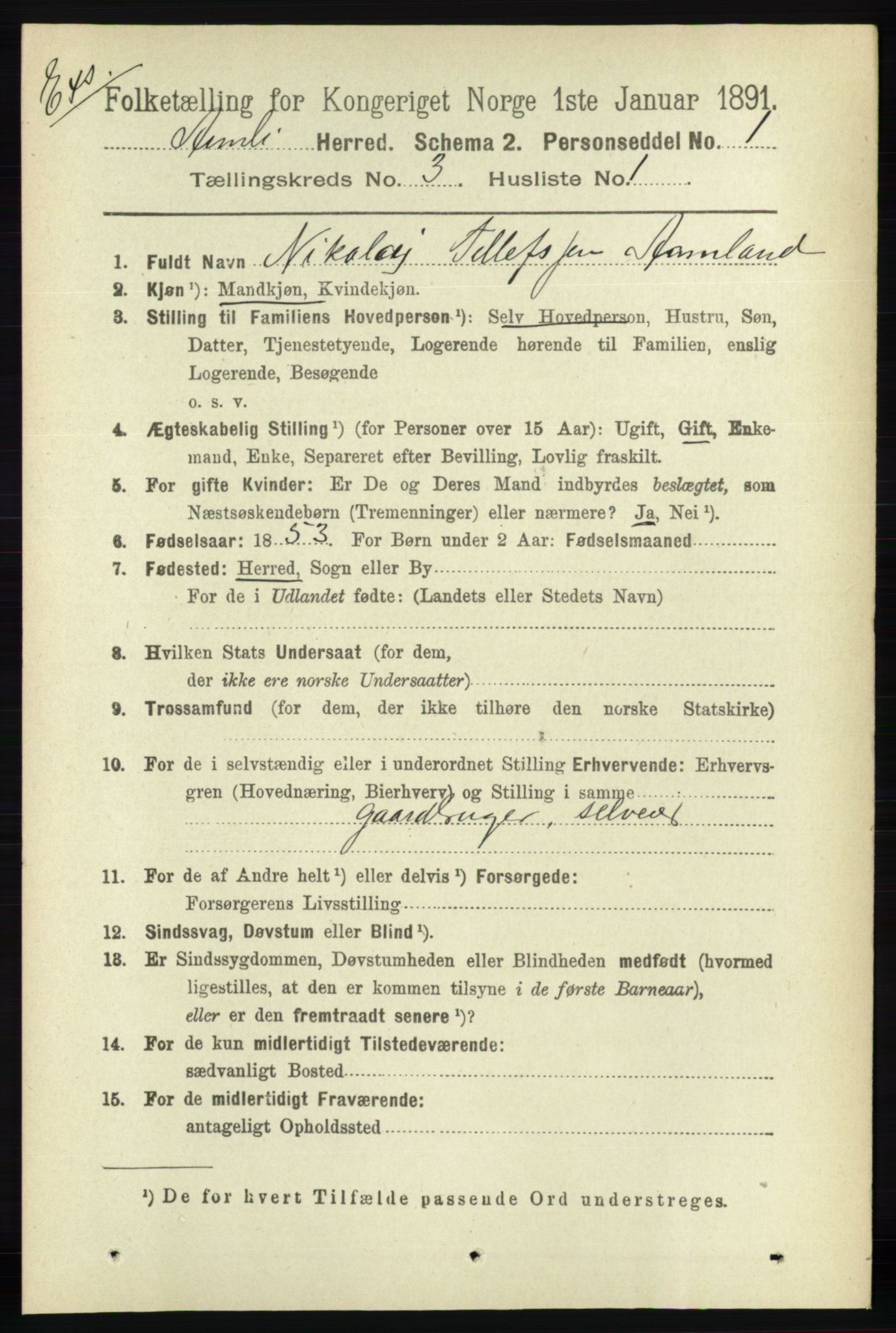 RA, Census 1891 for Nedenes amt: Gjenparter av personsedler for beslektede ektefeller, menn, 1891, p. 352