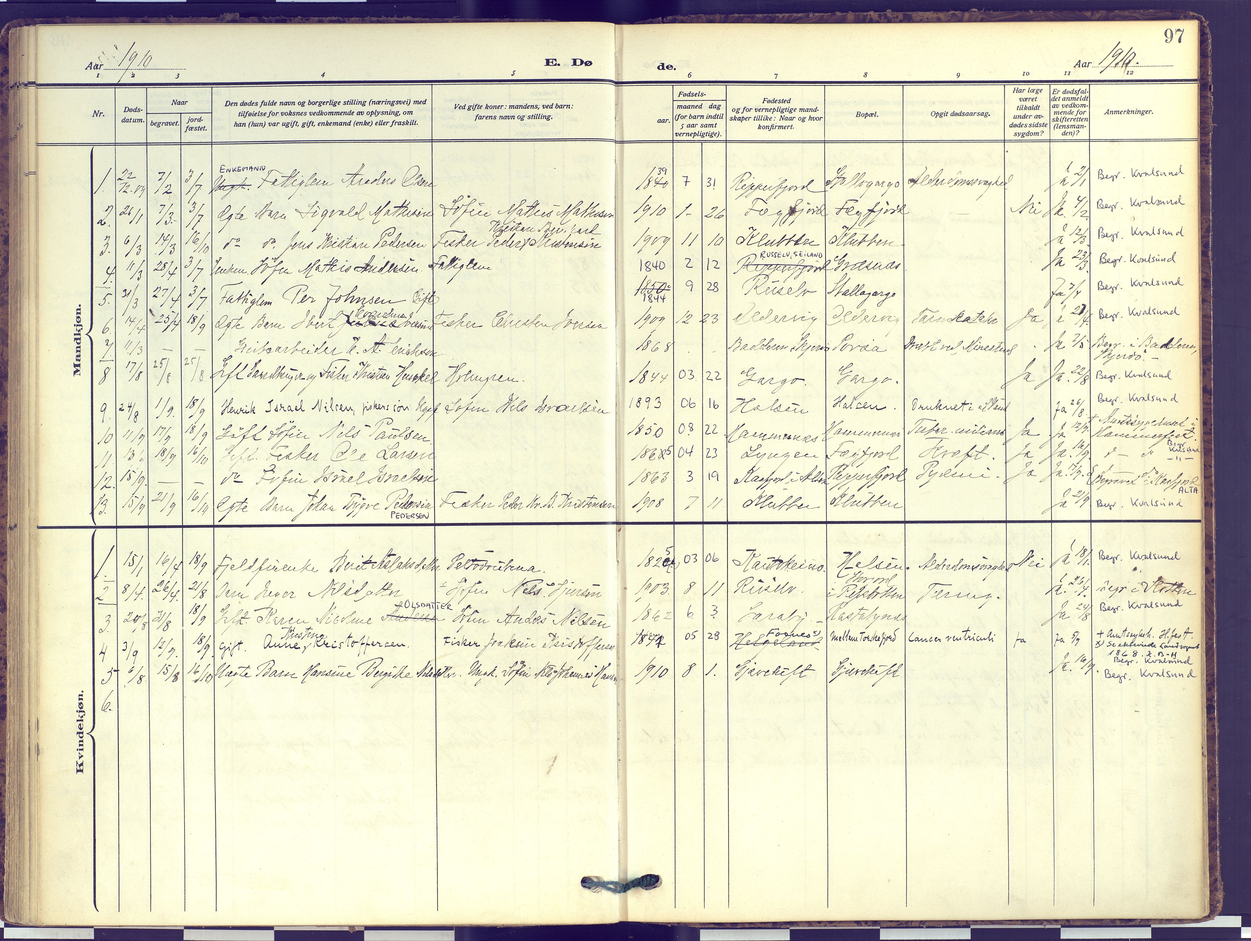 Hammerfest sokneprestkontor, AV/SATØ-S-1347/H/Ha/L0016.kirke: Parish register (official) no. 16, 1908-1923, p. 97