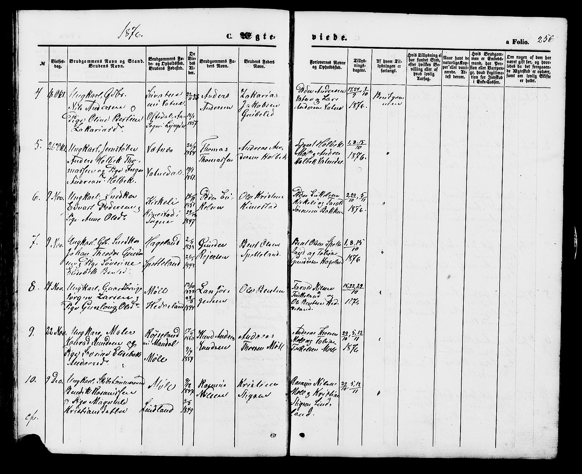 Holum sokneprestkontor, SAK/1111-0022/F/Fb/Fba/L0004: Parish register (copy) no. B 4, 1867-1890, p. 256