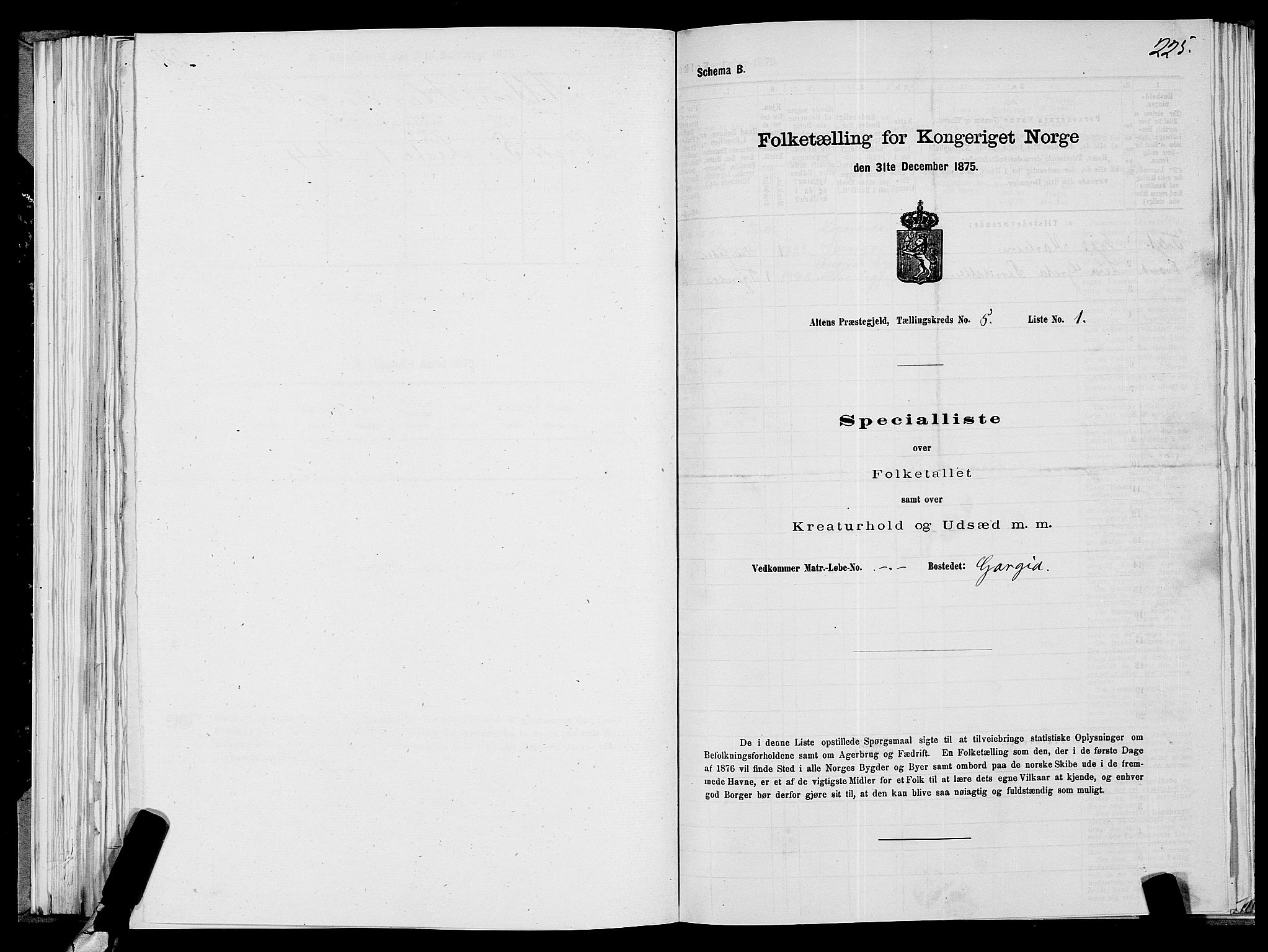 SATØ, 1875 census for 2012P Alta, 1875, p. 2225