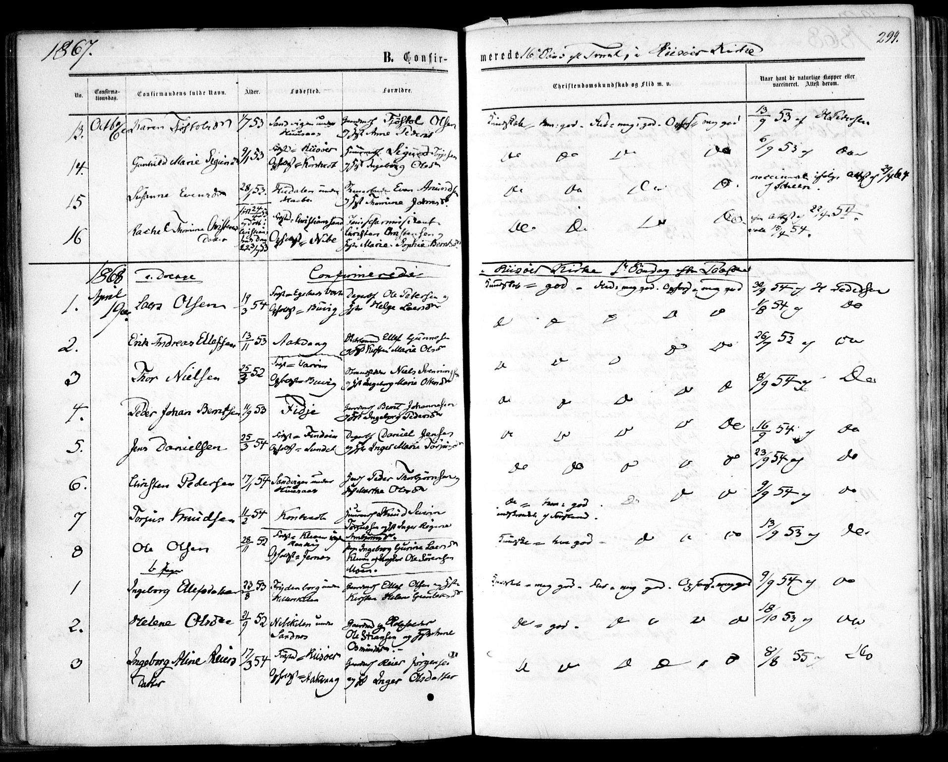 Søndeled sokneprestkontor, SAK/1111-0038/F/Fa/L0003: Parish register (official) no. A 3, 1861-1879, p. 299