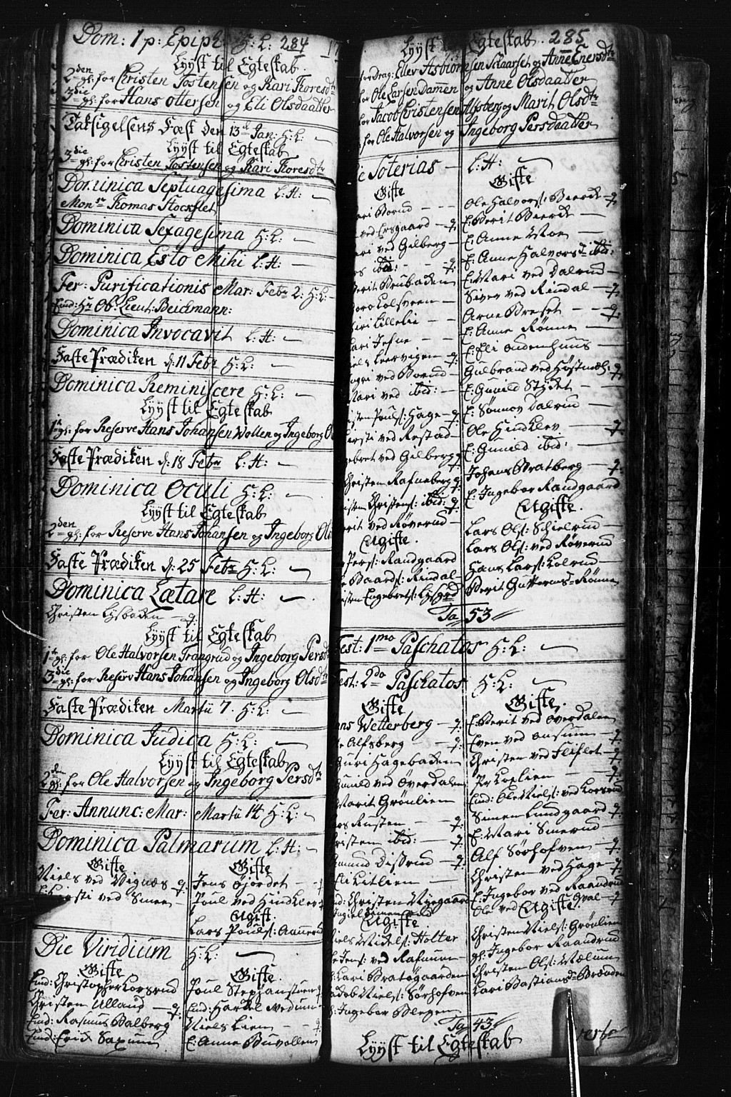 Fåberg prestekontor, SAH/PREST-086/H/Ha/Hab/L0001: Parish register (copy) no. 1, 1727-1767, p. 284-285