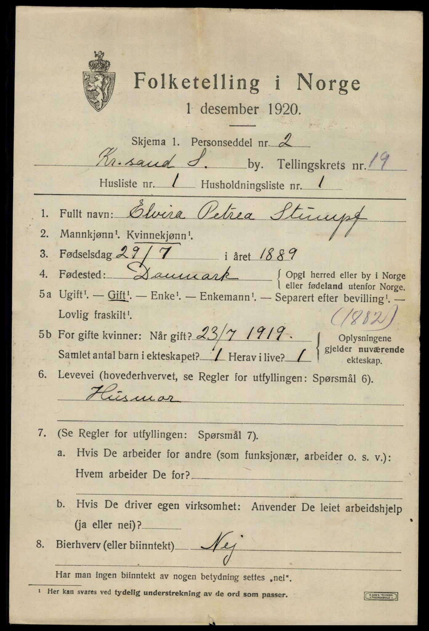 SAK, 1920 census for Kristiansand, 1920, p. 34843