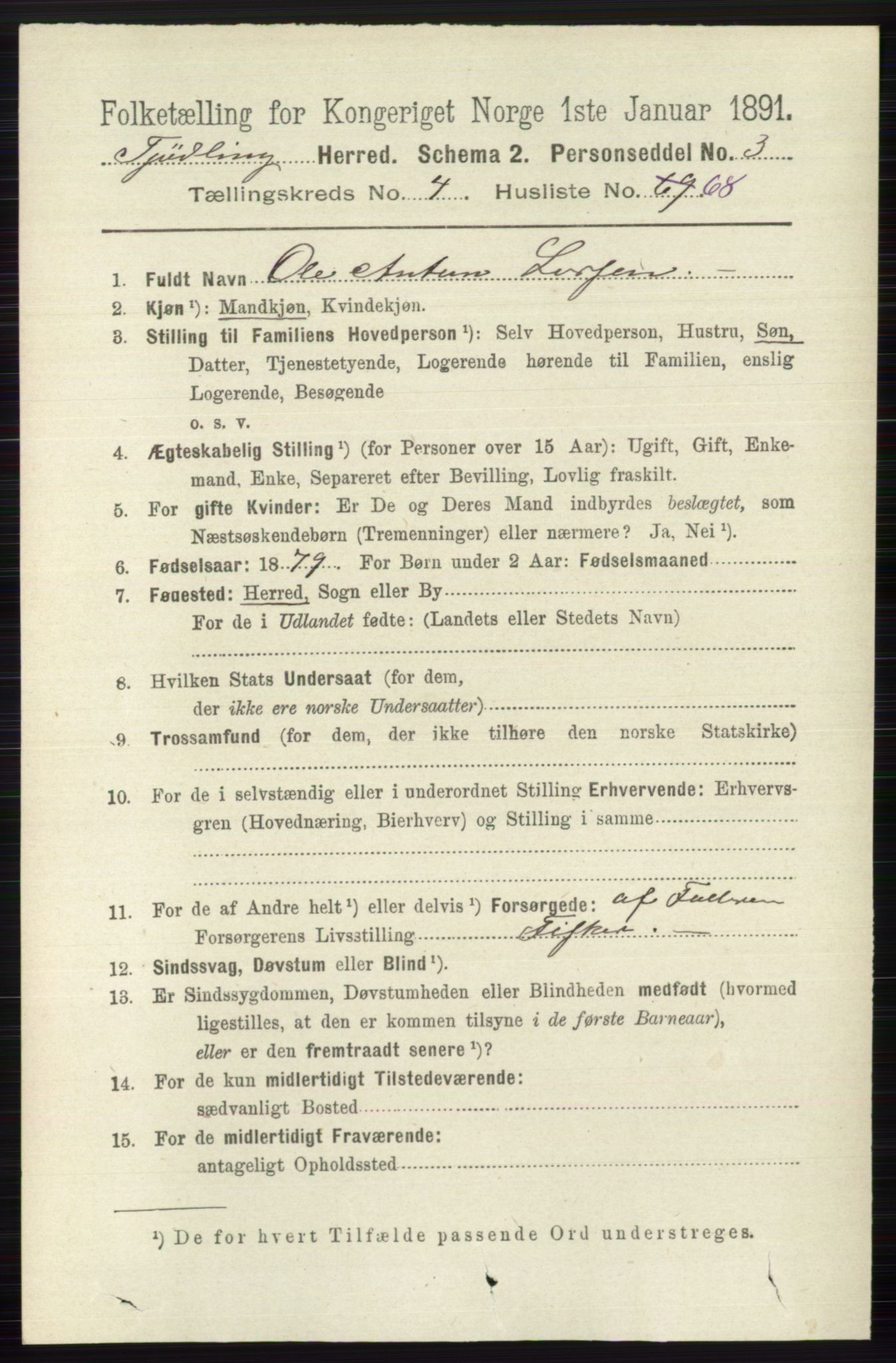 RA, 1891 census for 0725 Tjølling, 1891, p. 1830