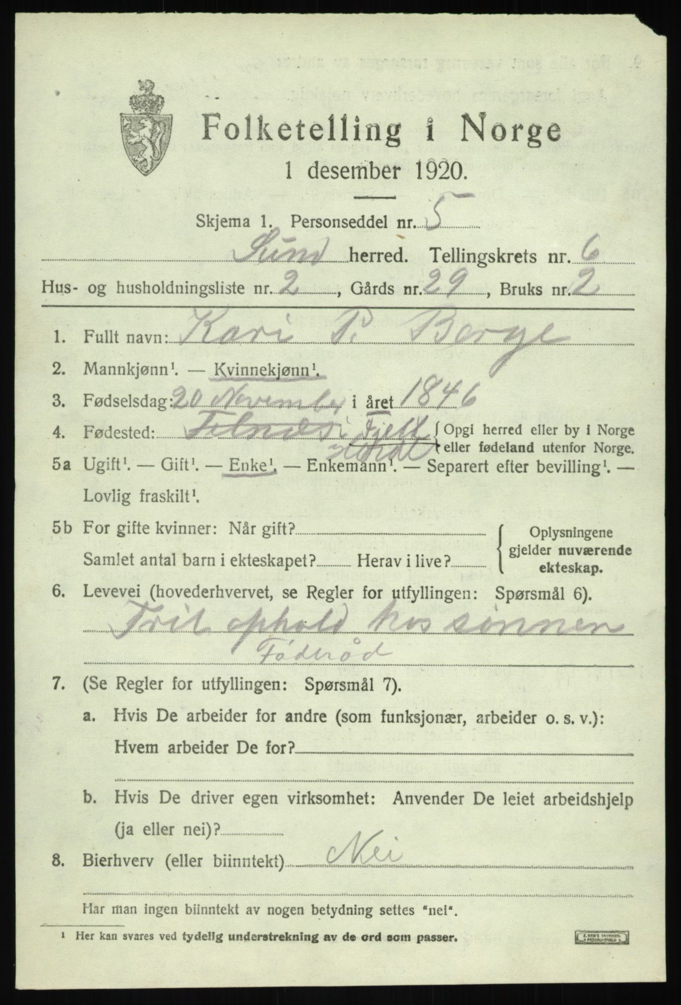 SAB, 1920 census for Sund, 1920, p. 3889