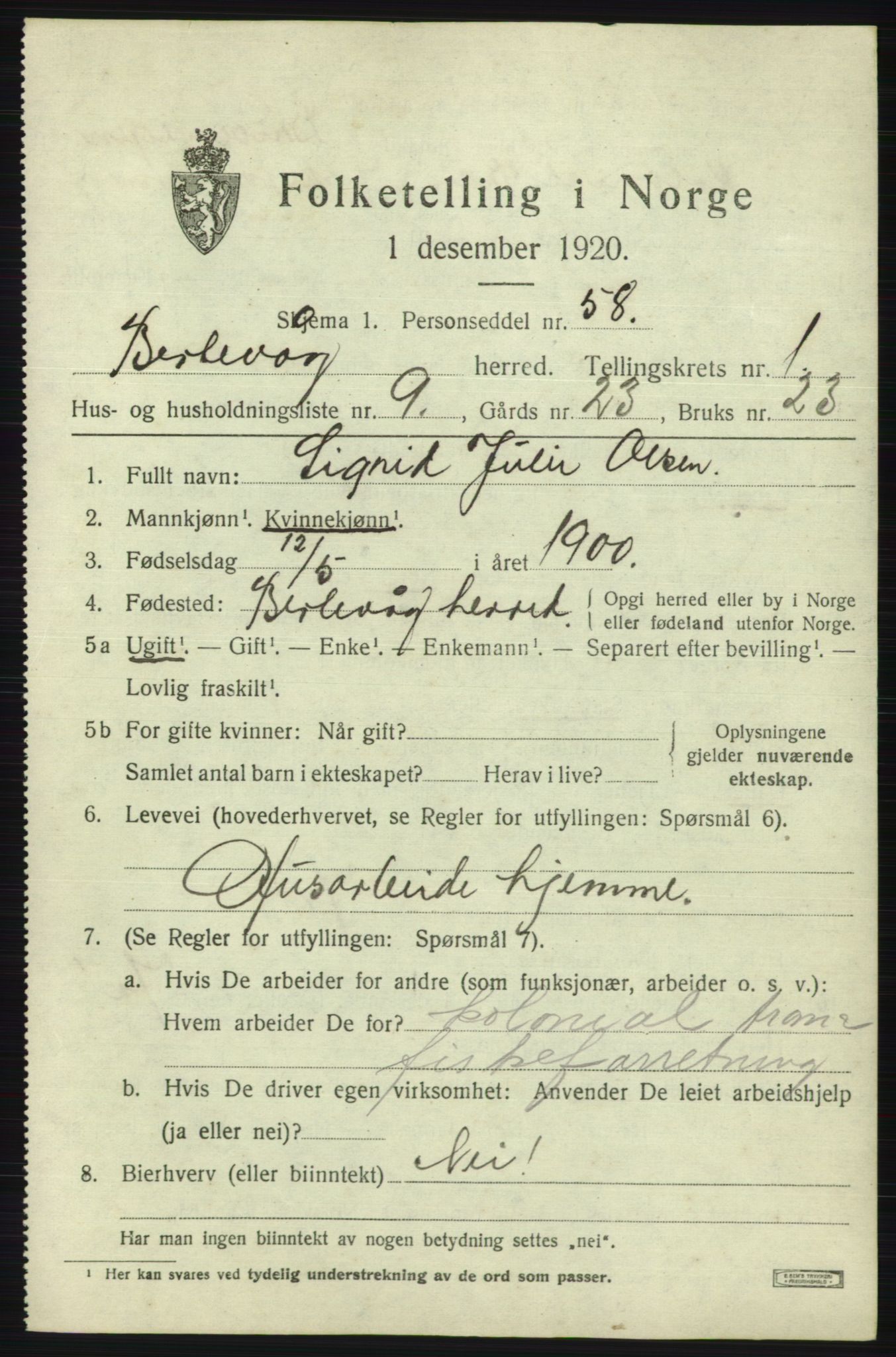 SATØ, 1920 census for Berlevåg, 1920, p. 553