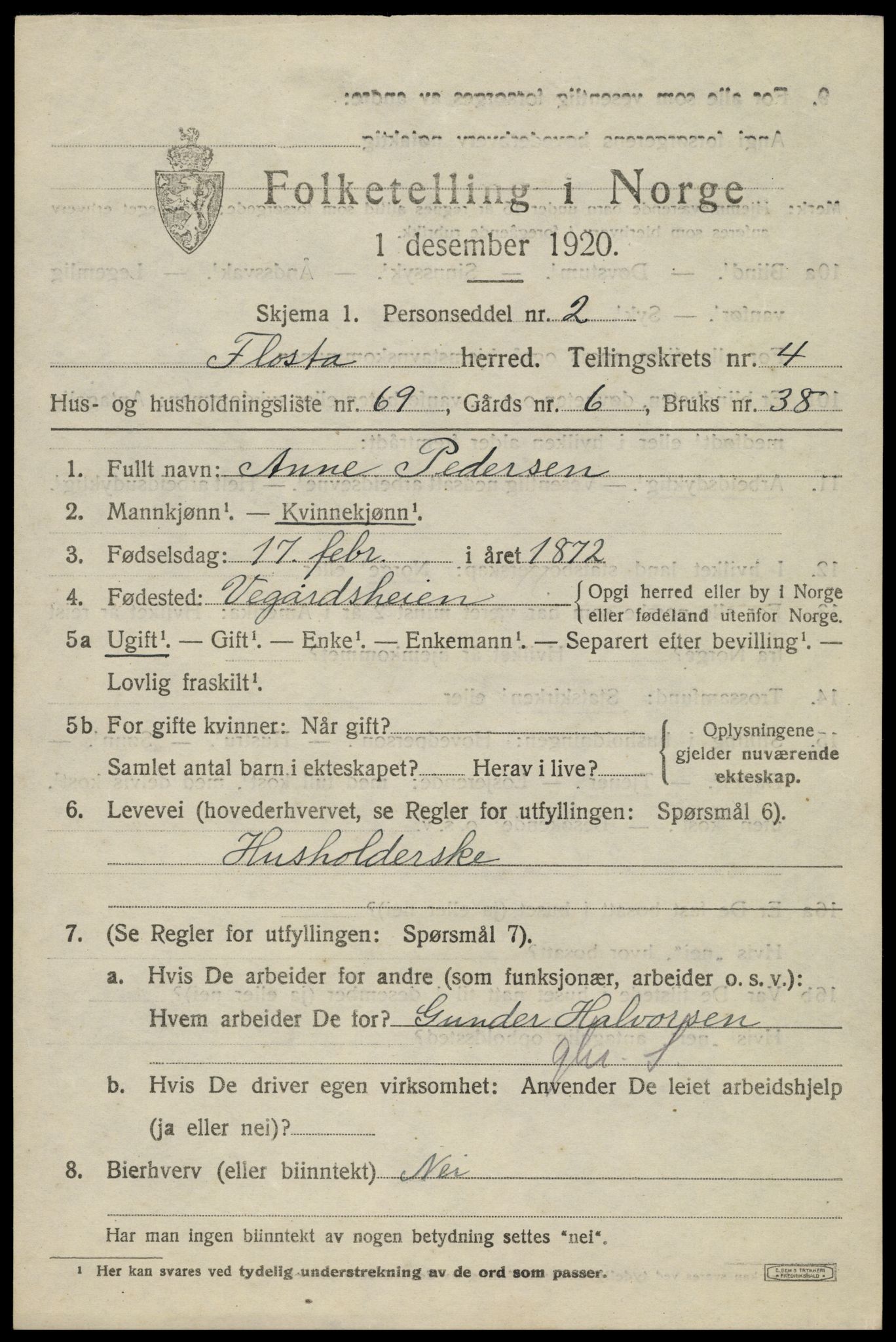 SAK, 1920 census for Flosta, 1920, p. 2852