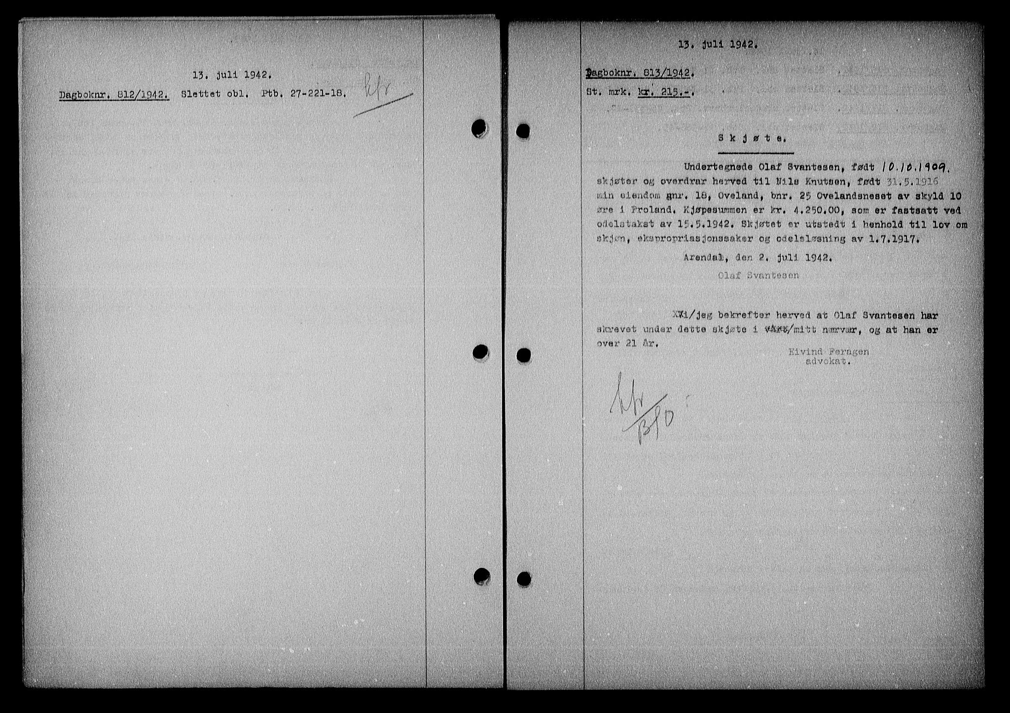Nedenes sorenskriveri, SAK/1221-0006/G/Gb/Gba/L0049: Mortgage book no. A-III, 1941-1942, Diary no: : 813/1942