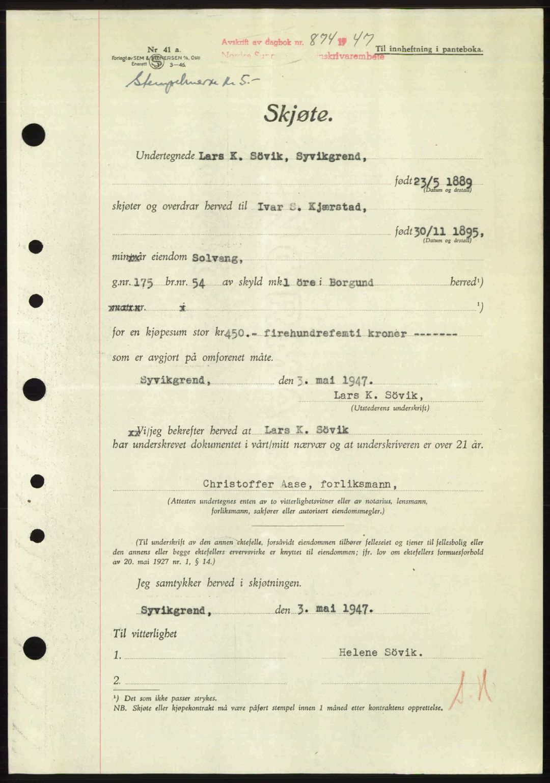 Nordre Sunnmøre sorenskriveri, AV/SAT-A-0006/1/2/2C/2Ca: Mortgage book no. A24, 1947-1947, Diary no: : 874/1947