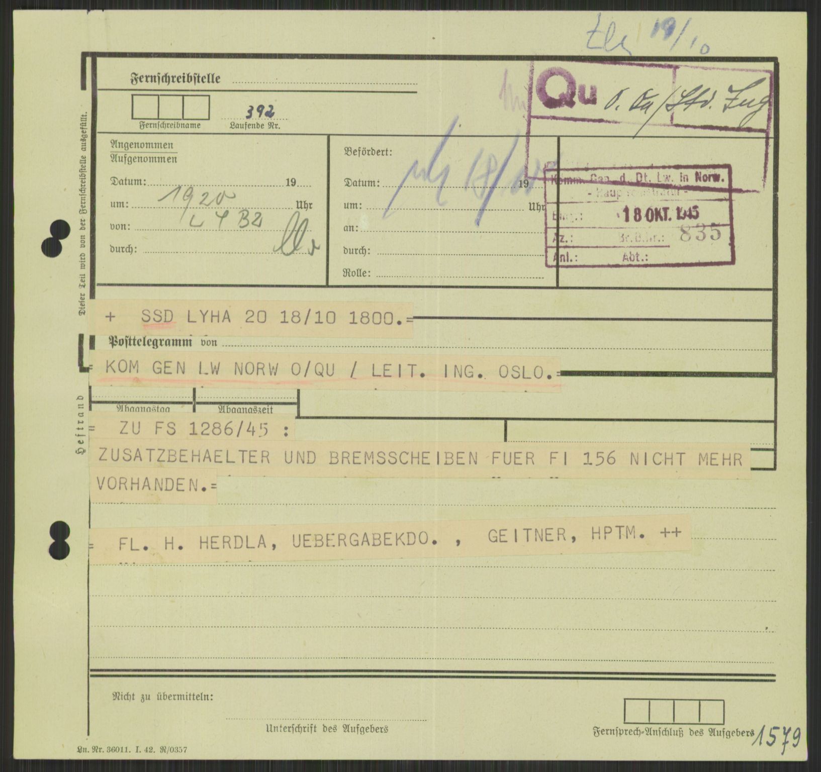 Deutscher Oberbefehlshaber Norwegen (DOBN), AV/RA-RAFA-2197/D/Di/L0066: AOK 20/WBN-DOBN Luftwaffe/Komm G. d.Dt.Lw. in Norwegen, 1945, p. 795