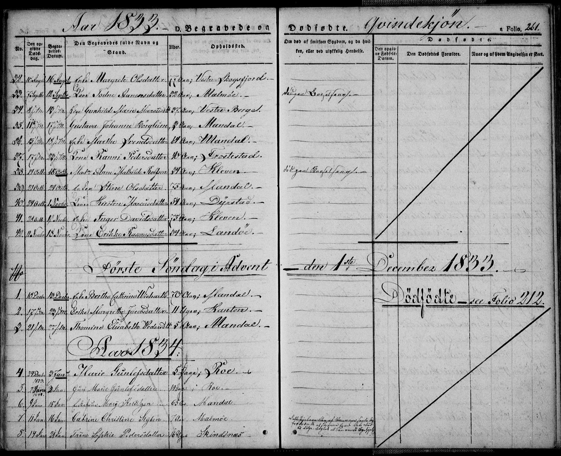 Mandal sokneprestkontor, SAK/1111-0030/F/Fa/Faa/L0011: Parish register (official) no. A 11, 1830-1839, p. 261