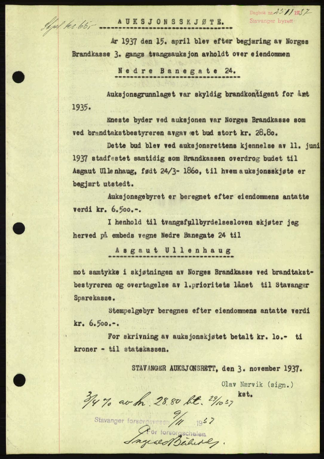 Stavanger byrett, SAST/A-100455/002/G/Gb/L0013: Mortgage book no. A3, 1937-1938, Diary no: : 2511/1937
