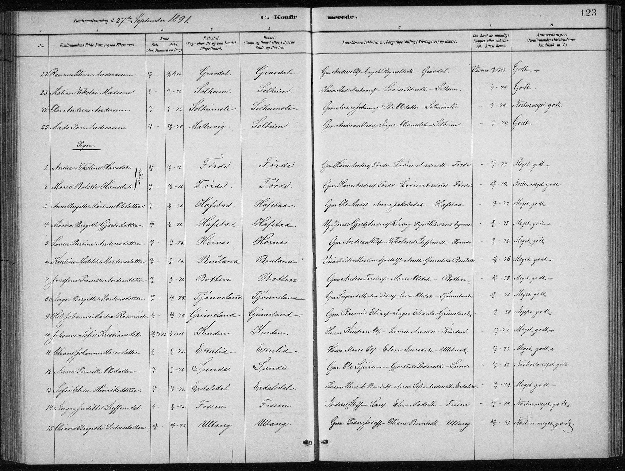 Førde sokneprestembete, SAB/A-79901/H/Hab/Haba/L0002: Parish register (copy) no. A 2, 1881-1898, p. 123