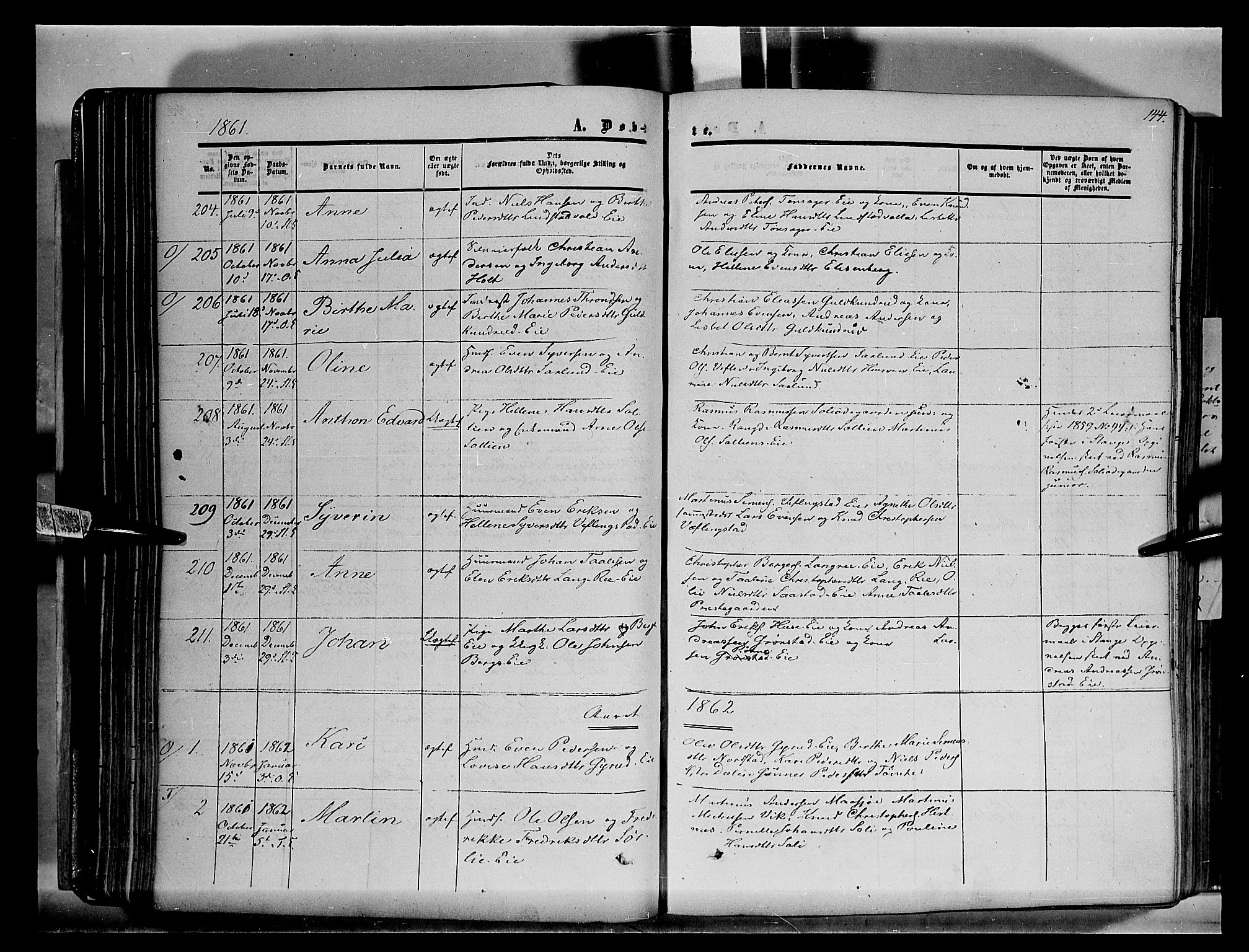 Stange prestekontor, SAH/PREST-002/K/L0012: Parish register (official) no. 12, 1852-1862, p. 144